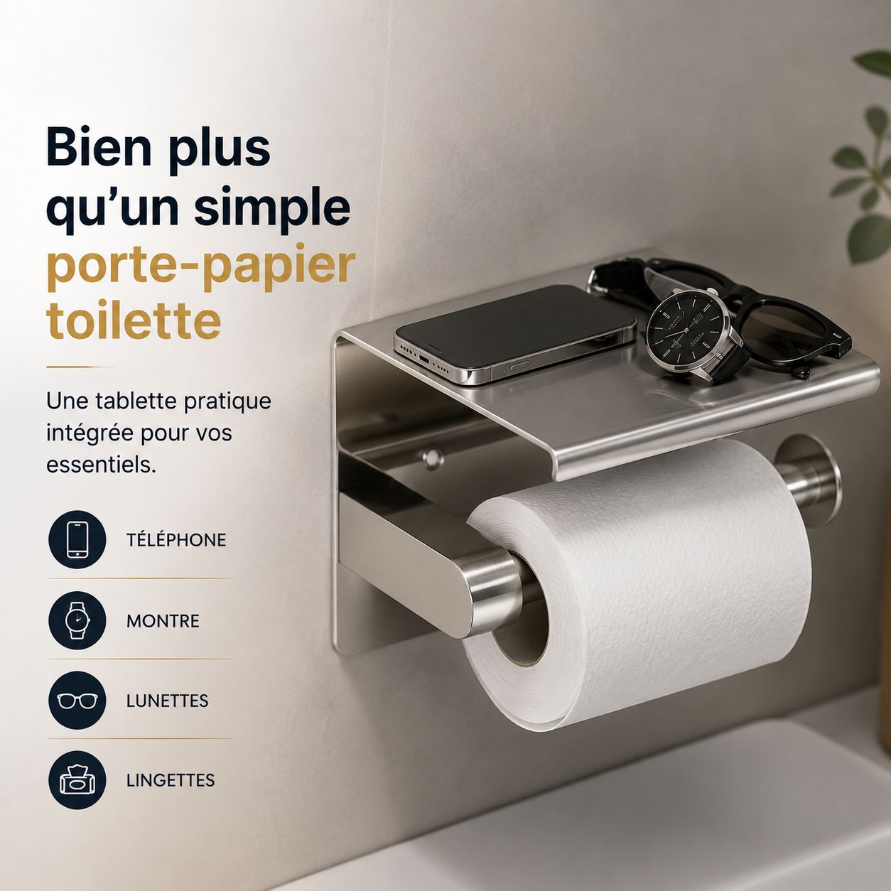 Porte-papier toilette design chromé poli avec tablette pour téléphone, lunettes et montre.