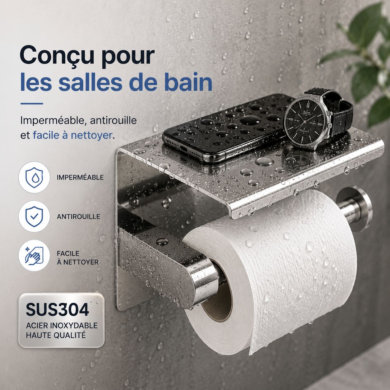 Porte-papier toilette avec tablette en chrome poli, imperméable et antirouille, idéal pour la salle de bain.