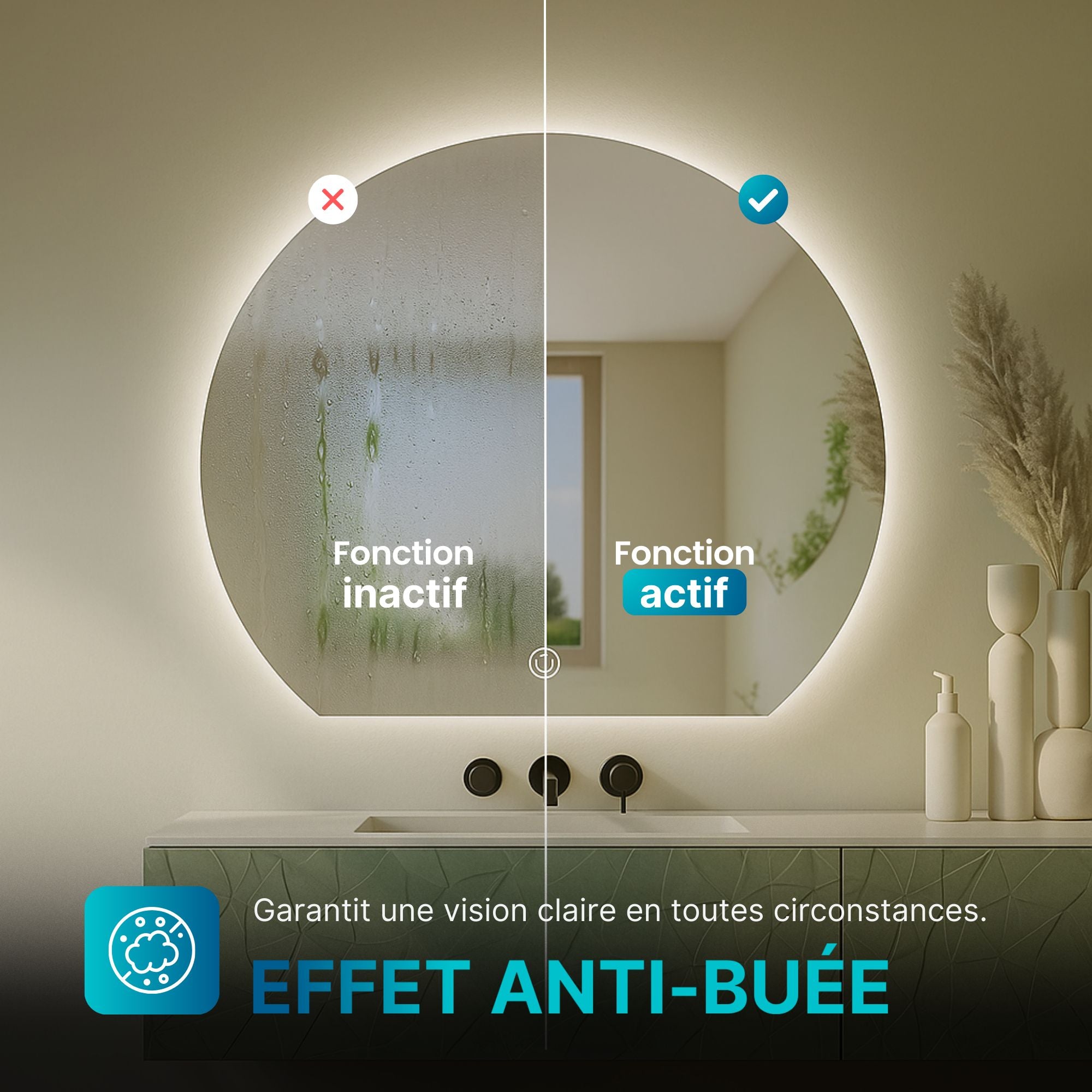 Miroir LED Design coupé 63x70 cm : Miroir de salle de bain LED antibuée, design rond, reflet clair, 63x70 cm. Comparaison de la fonction antibuée.