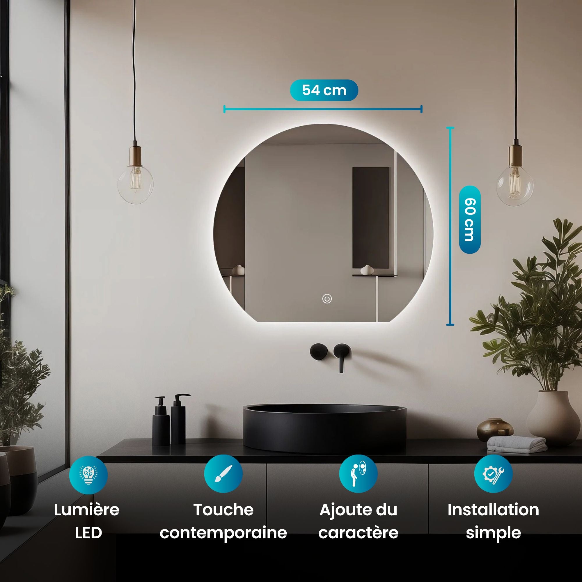 Miroir LED Design coupé 54x60 cm : Miroir de salle de bain LED rond moderne, diamètre 54cm, hauteur 60cm.