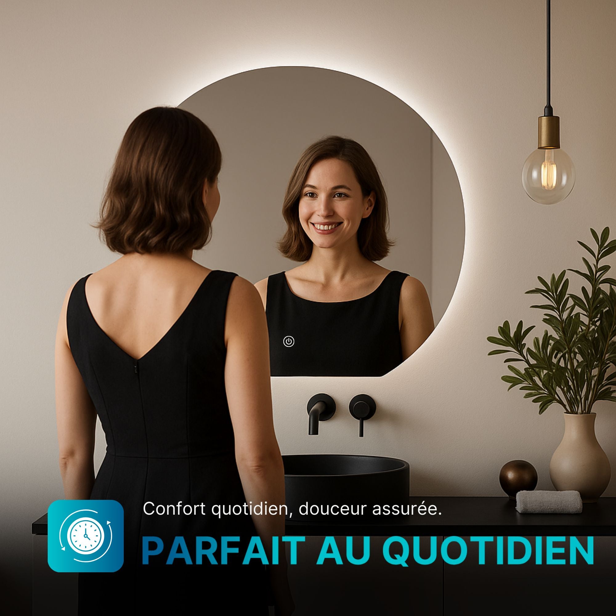 Miroir LED Design coupé 54x60 cm: Élégant miroir rond avec éclairage LED intégré, parfait pour la salle de bain.