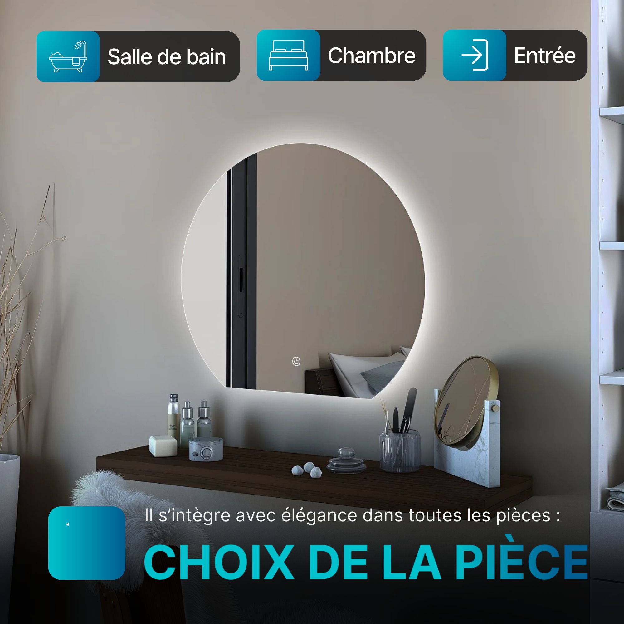 Miroir LED Design coupé 54x60 cm : Miroir moderne éclairé par LED en demi-cercle, parfait pour la salle de bain ou la coiffeuse