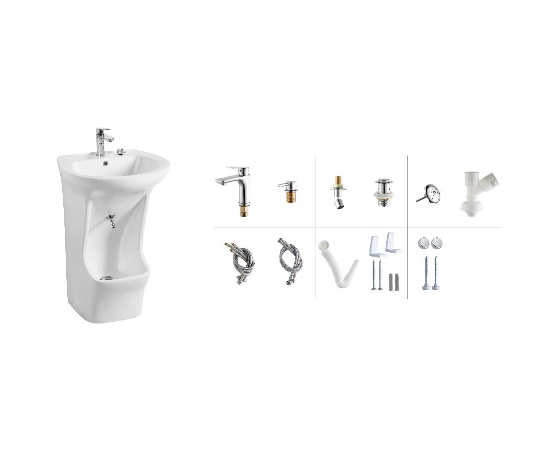 Lavabo d'ablutions : Lavabo de pieds en céramique blanche avec robinet et accessoires pour le rituel du wudu.