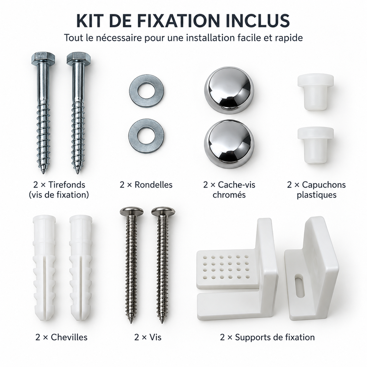 Kit de fixation pour WC : vis, chevilles, rondelles, cache-vis chromés et supports.