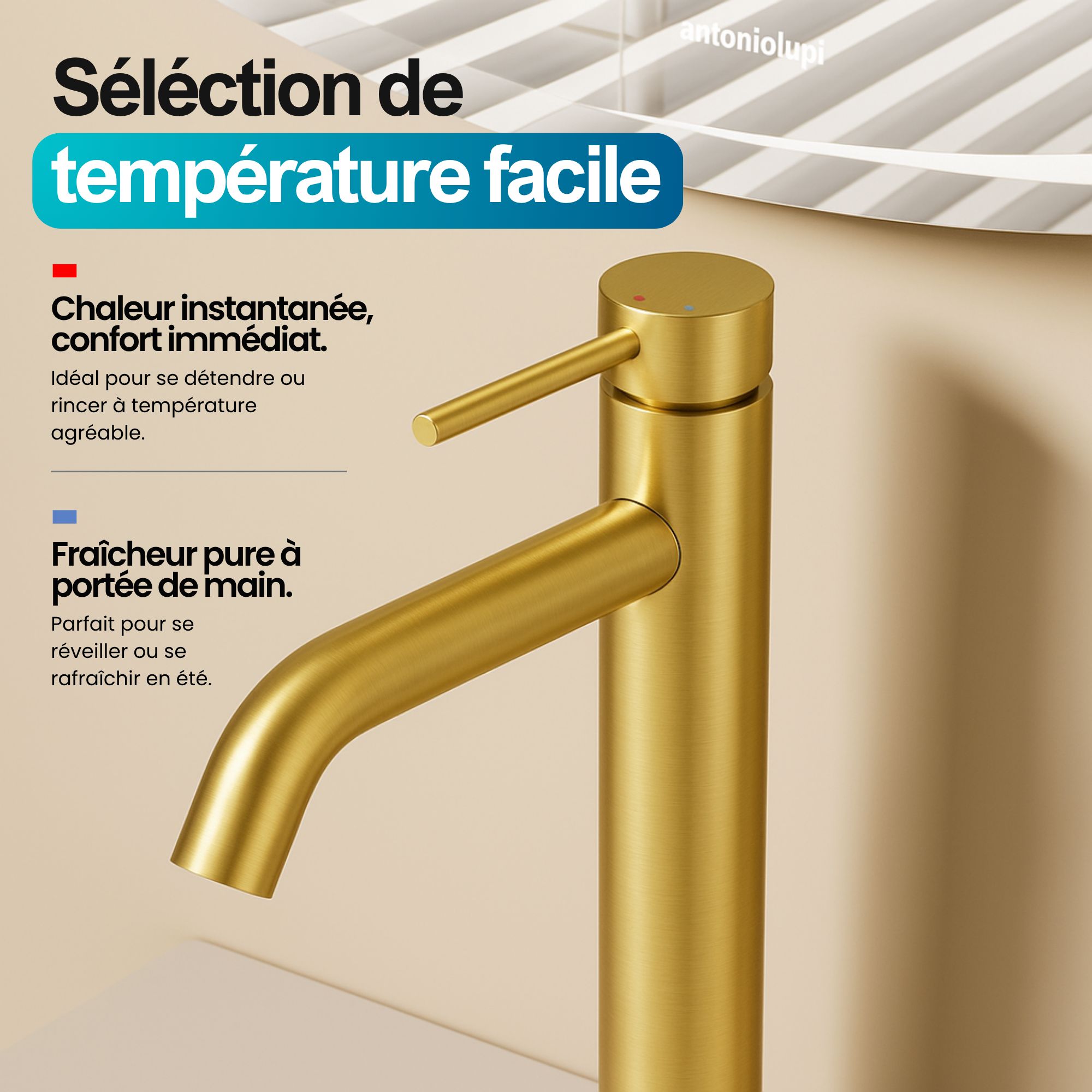 Robinet a bec haut coloris or de la marque Dileci pour salle de bain ou cuisine.