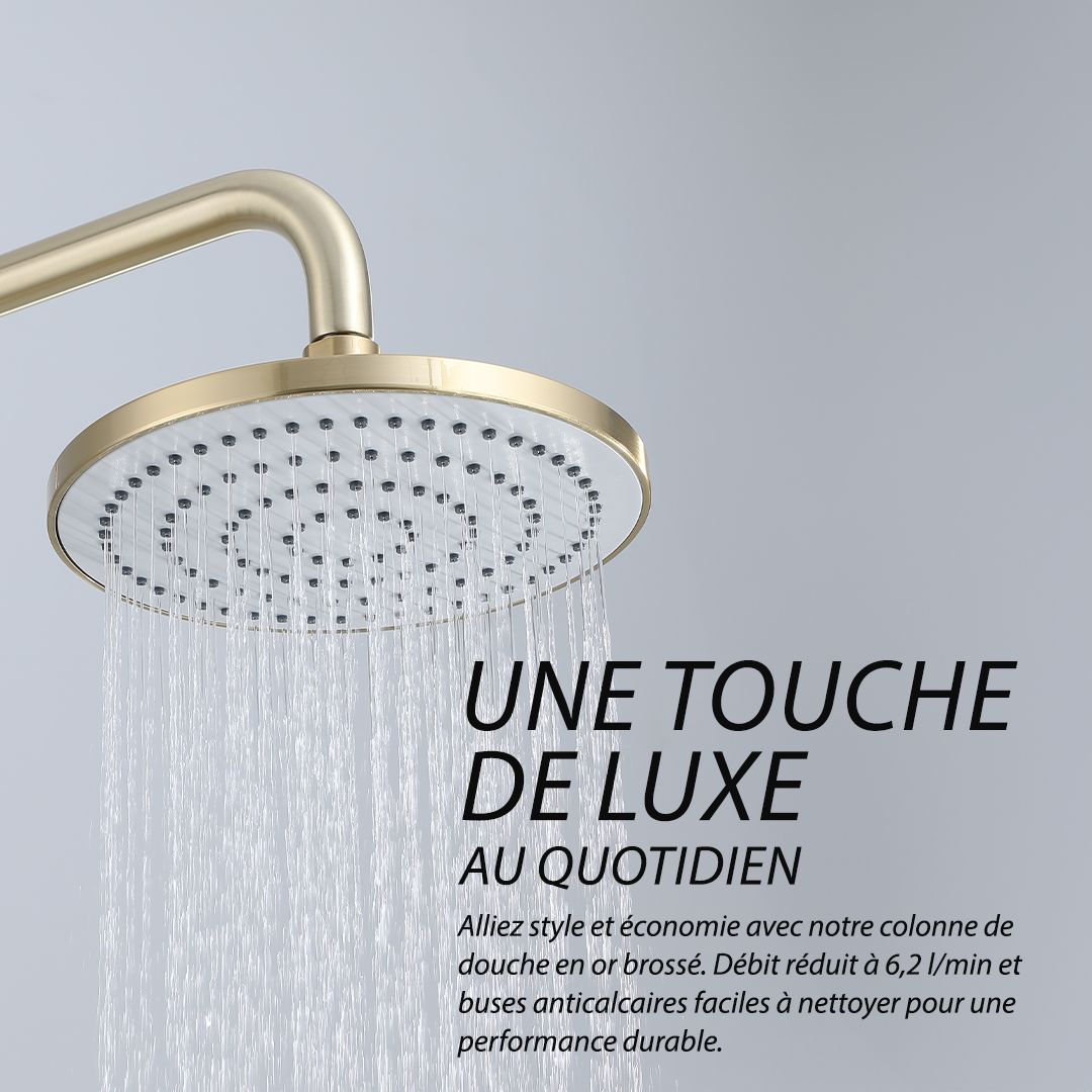 Colonne de douche or brossé : Design moderne et minimaliste. Dotée d'une vanne thermostatique et d'un pommeau de douche. Dileci