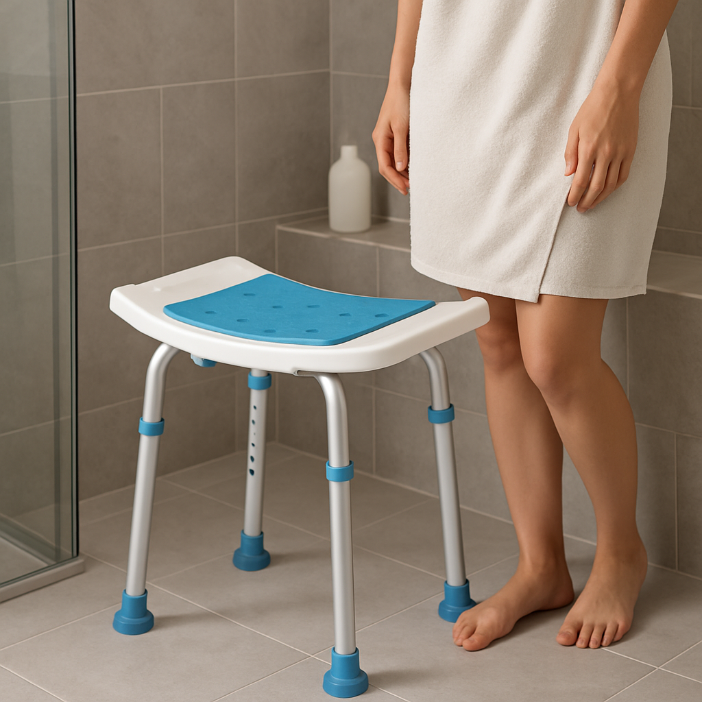 Tabouret de douche : Tabouret de douche réglable avec assise bleue antidérapante pour plus de sécurité et de confort. Idéal pour les personnes âgées ou à mobilité réduite.