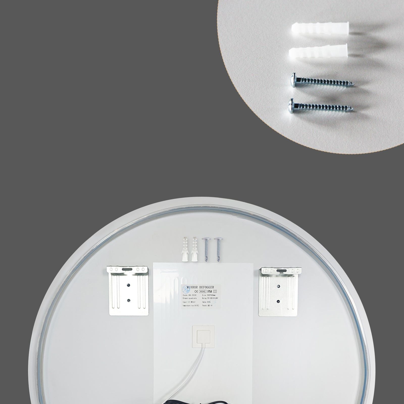 Miroir LED Design coupé 54x60 cm : Miroir de salle de bain LED rond, vue arrière montrant les supports de montage et la quincaillerie pour une installation facile.