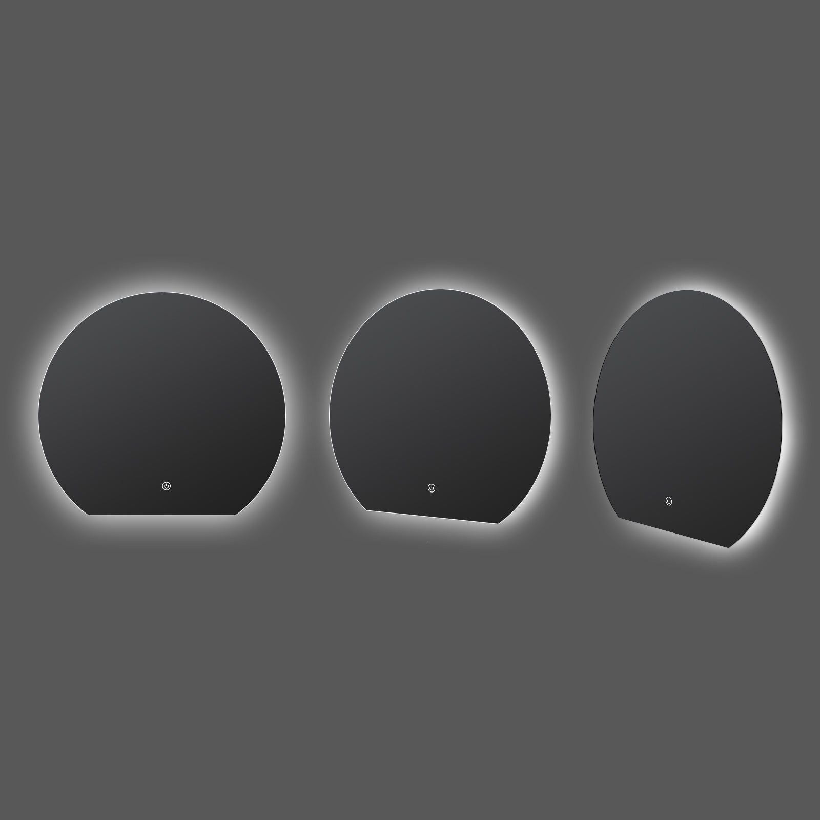 Miroir LED Design coupé 54x60 cm : Trois miroirs LED ronds modernes, 54x60cm, avec des cadres noirs épurés et des bords éclairés.