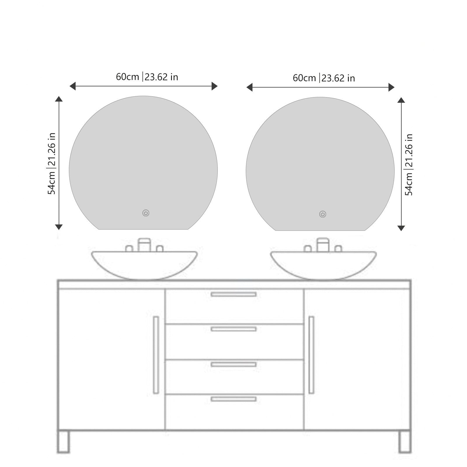 Miroir LED Design coupé 54x60 cm : Paire de miroirs LED ronds, 54 cm x 60 cm, au-dessus d'un meuble vasque double