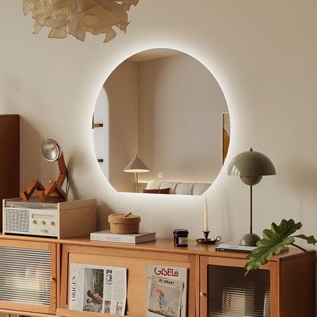 Miroir LED Design coupé 54x60 cm : Miroir lumineux rond moderne avec éclairage LED, parfait pour la salle de bain ou le dressing.