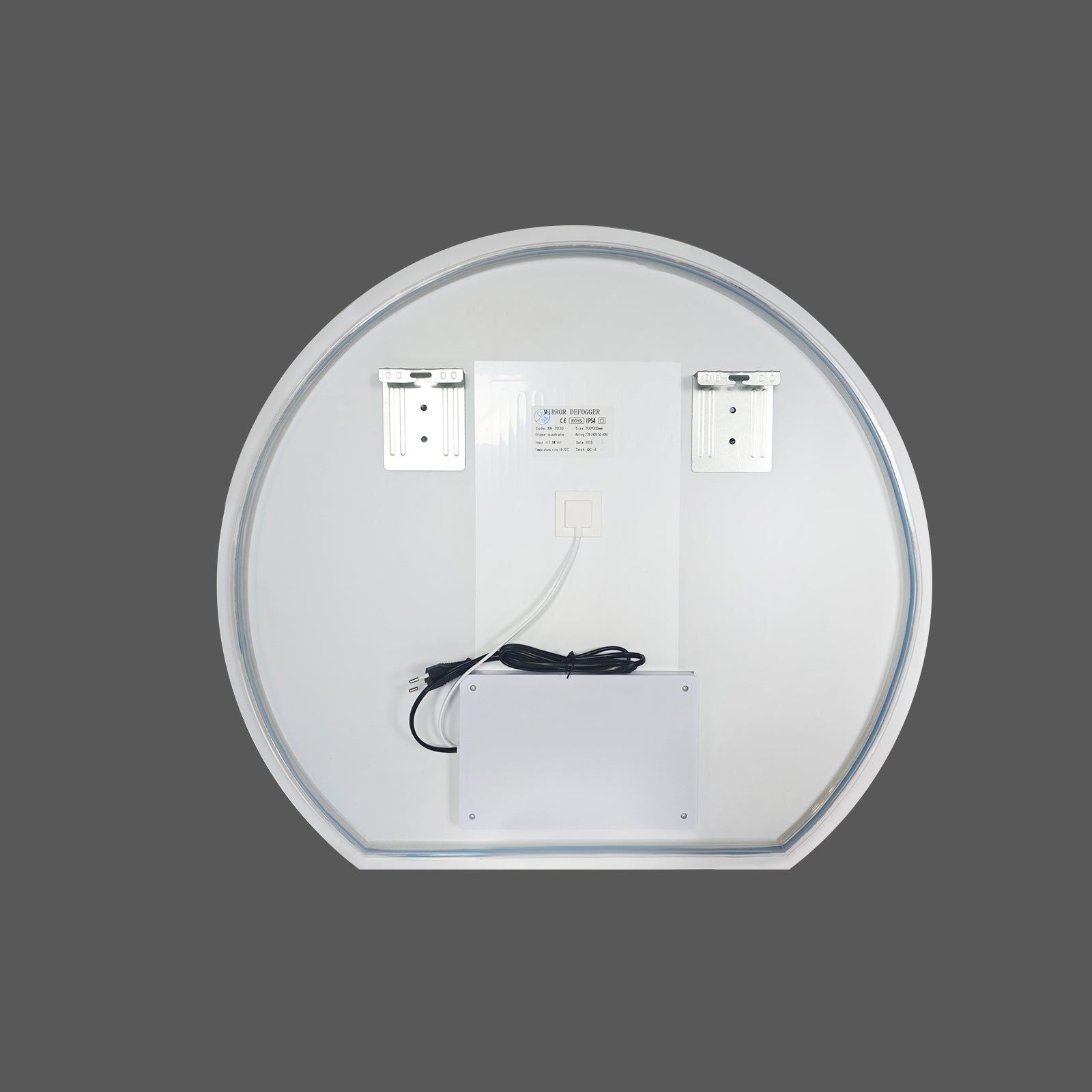 Miroir LED Design coupé 54x60 cm : Vue arrière d'un miroir de salle de bain LED rond avec désembueur intégré, montrant les supports de montage et le câblage. 54x60 cm.