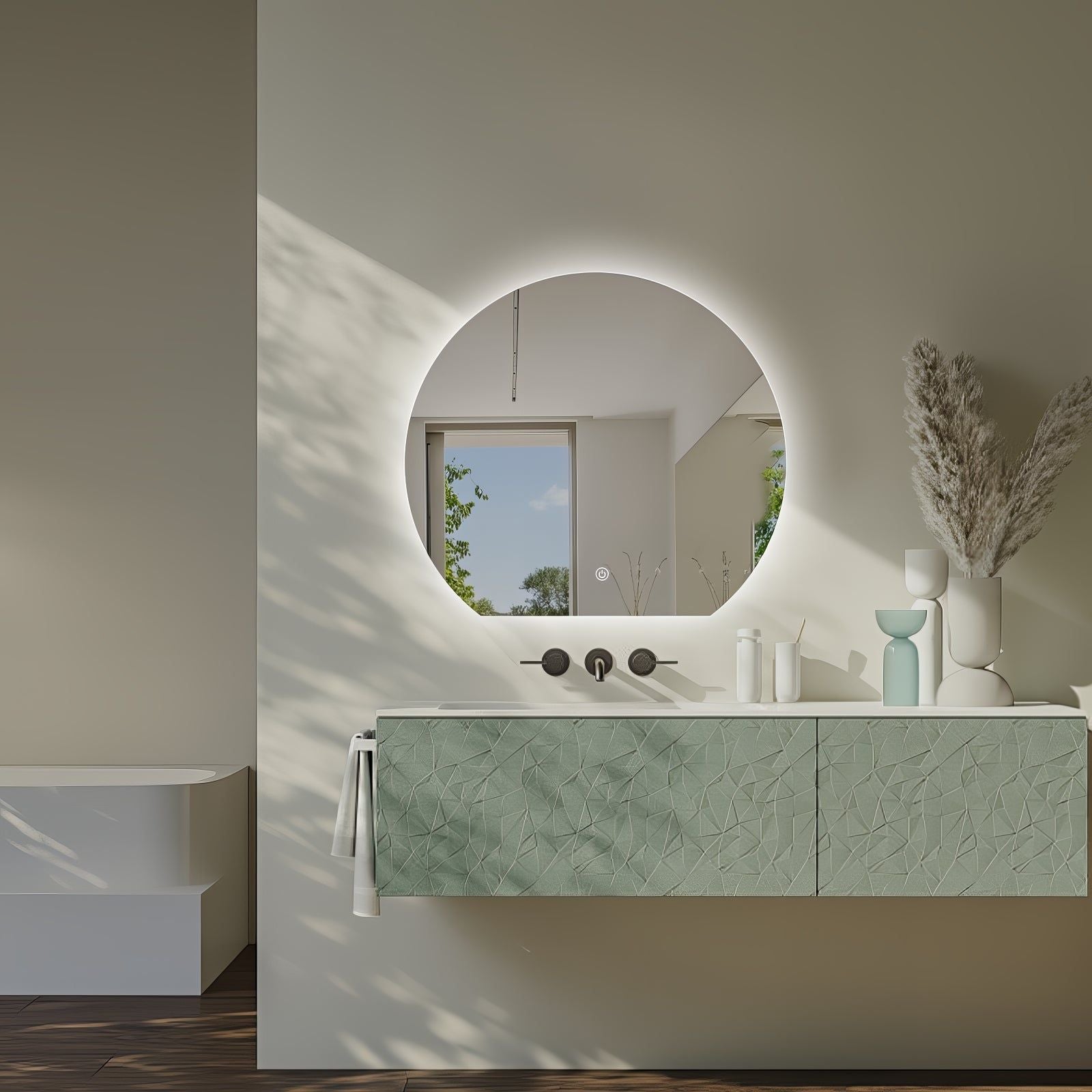 Miroir LED Design coupé 54x60cm : Miroir de salle de bain LED rond moderne avec cadre éclairé, au-dessus d'un élégant meuble vasque vert.
