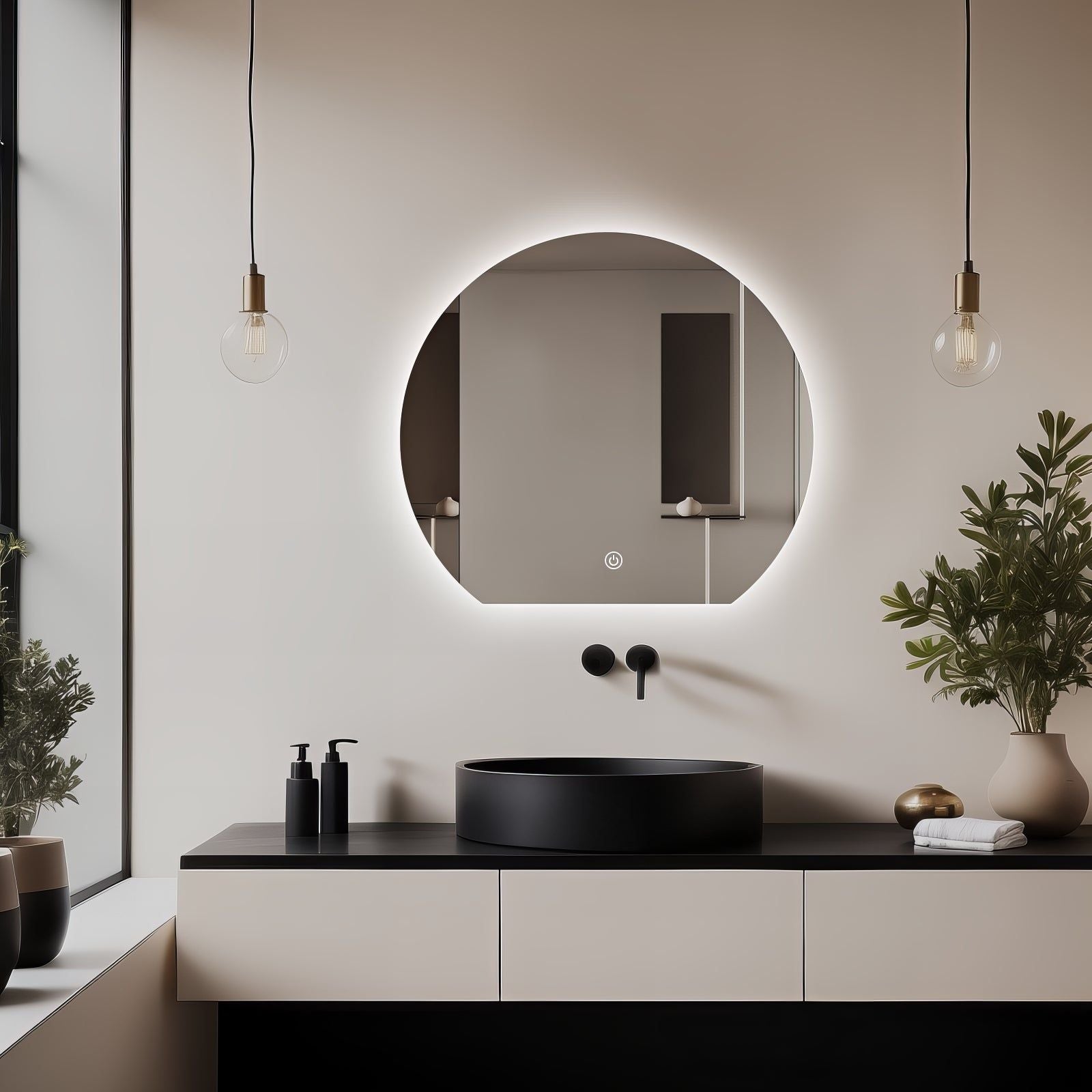 Miroir LED Design coupé 54x60 cm : Miroir de salle de bain LED rond moderne, 54x60 cm, avec bordure éclairée. Design minimaliste.