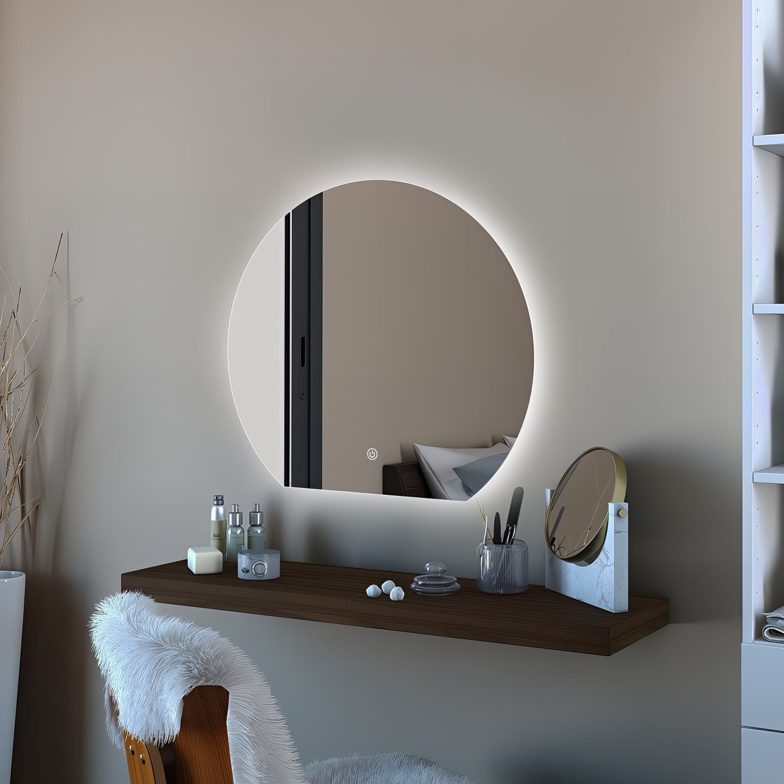 Miroir LED Design coupé 54x60 cm : Miroir de salle de bain rond moderne éclairé par LED, 54x60 cm