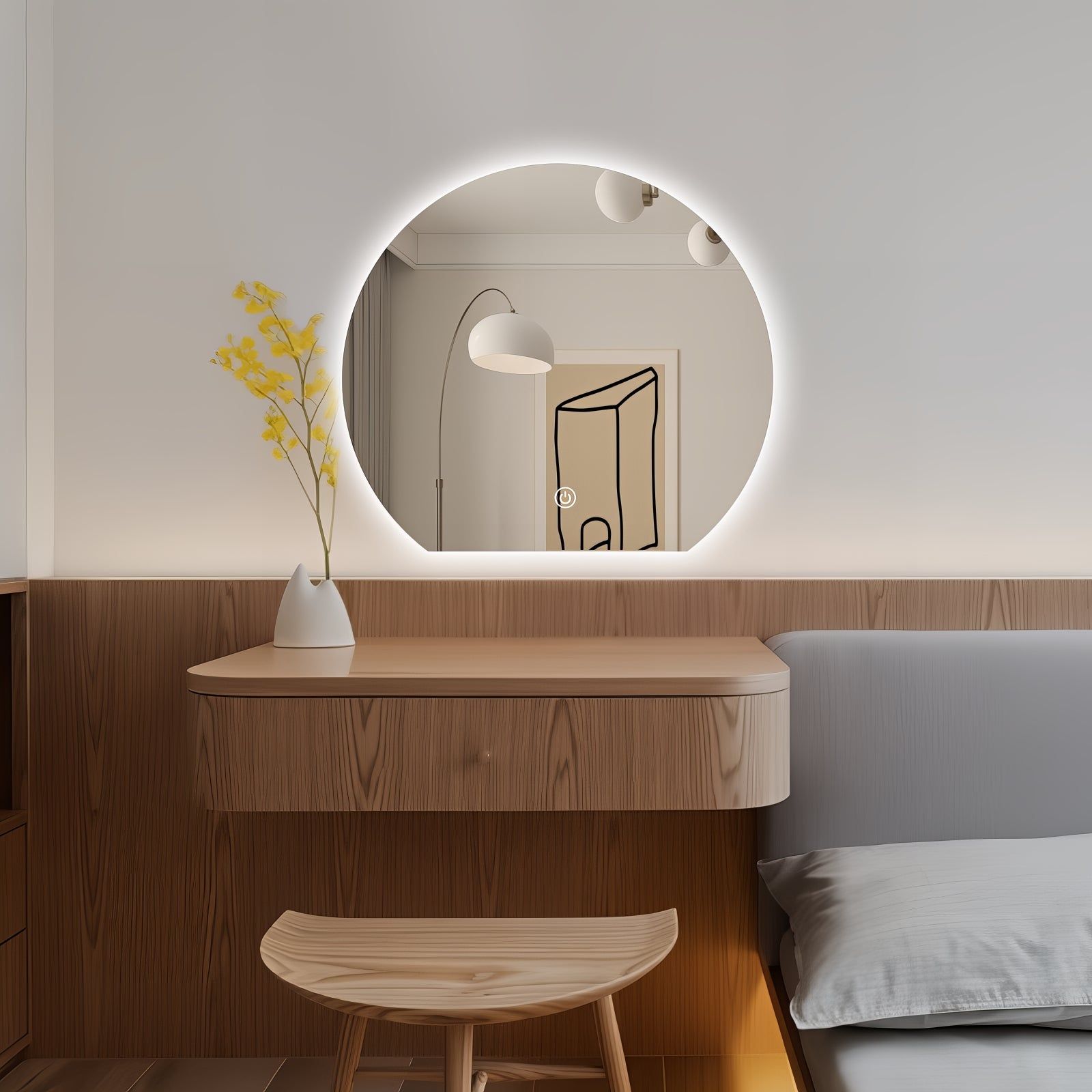 Miroir LED Design coupé 54x60 cm : Miroir de salle de bain rond éclairé par LED, 54x60 cm, au-dessus d'un meuble vasque en bois