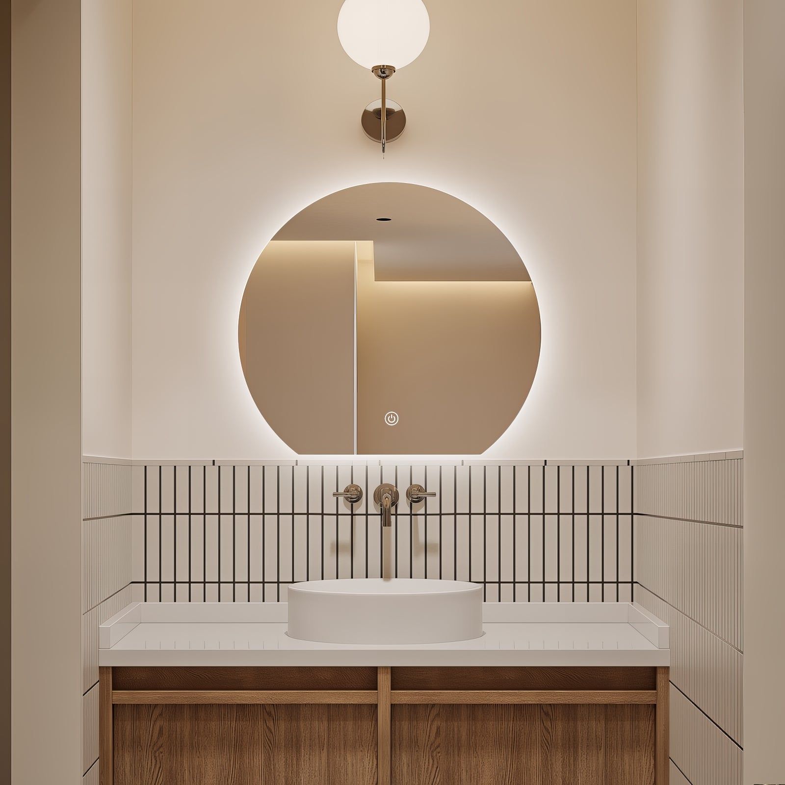 Miroir LED Design coupé 54x60 cm : Miroir de salle de bain moderne rond éclairé par LED au design élégant, parfait pour une salle de bain contemporaine.