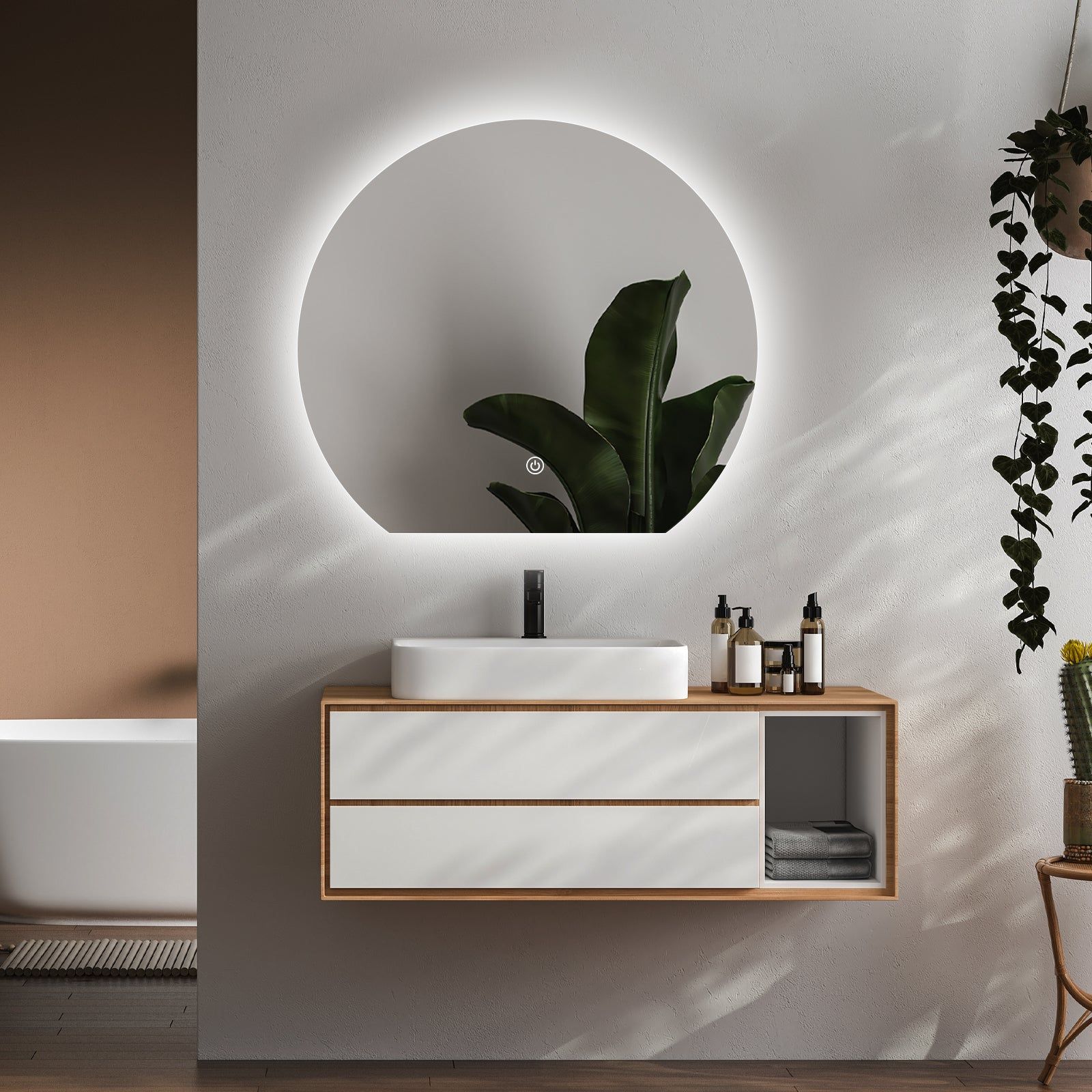 Miroir LED Design coupé 63x70 cm : Miroir de salle de bain rond éclairé au design moderne, 63x70cm