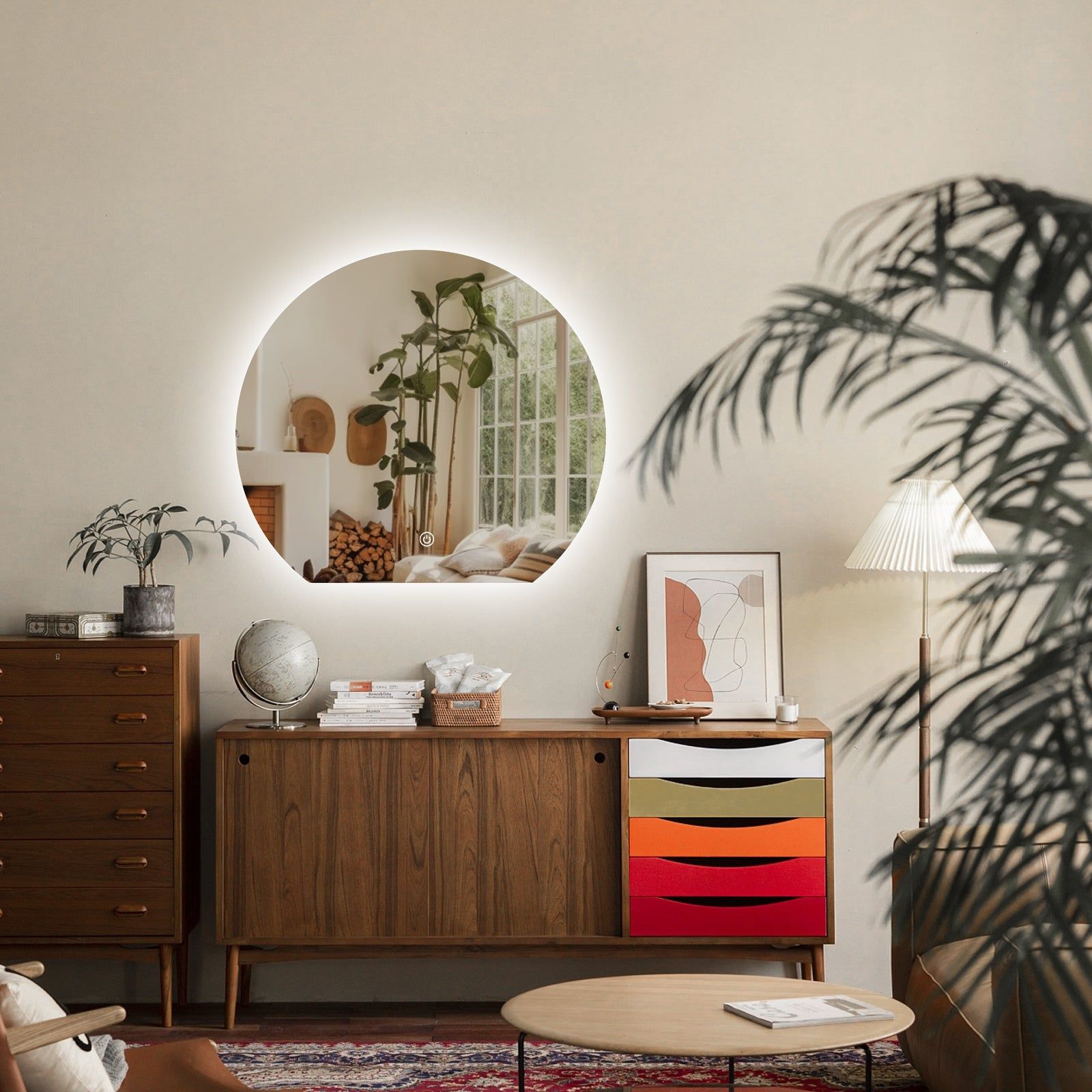 Miroir LED Design coupé 63x70 cm : Miroir LED rond moderne, 63x70cm, éclairé, design élégant