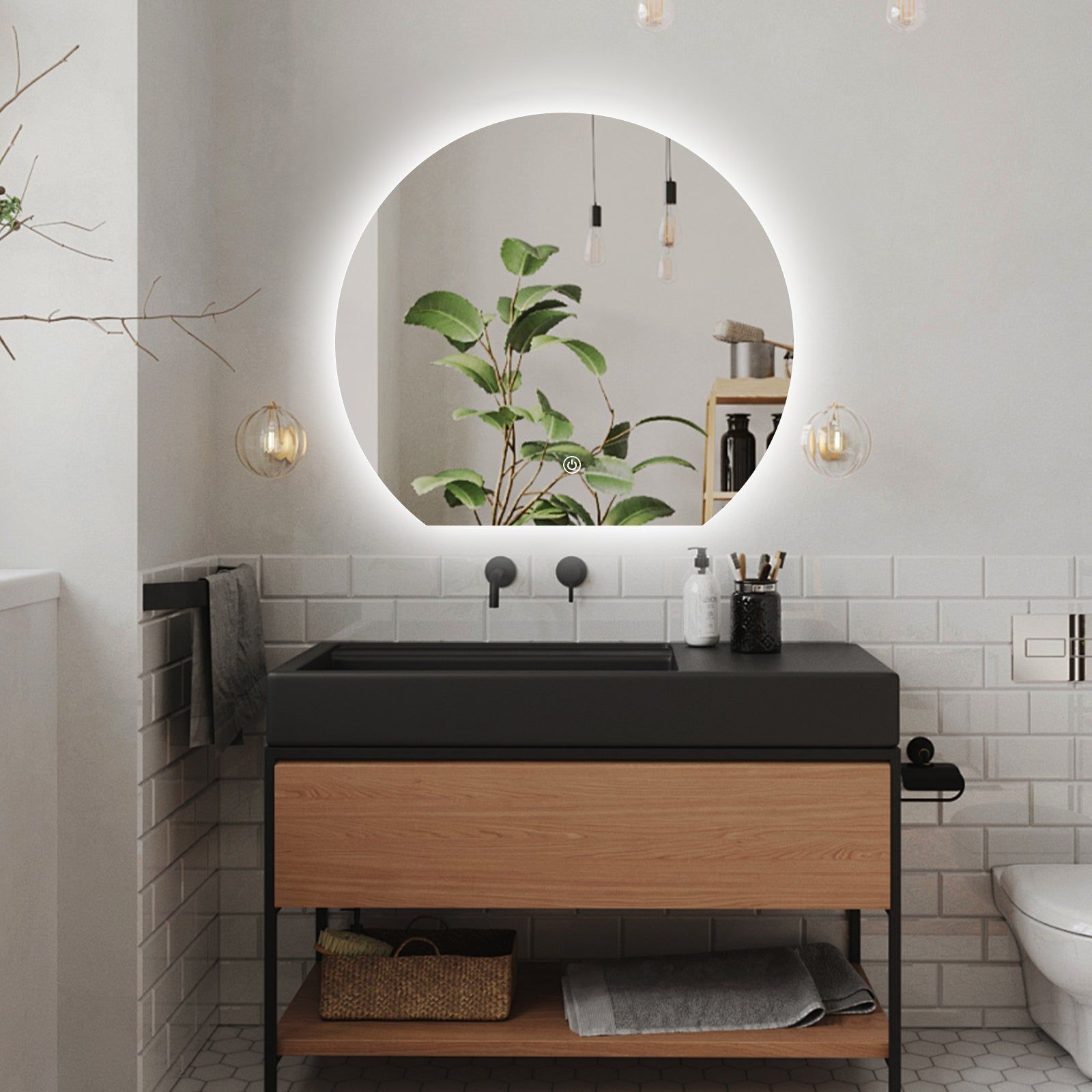 Miroir LED Design coupé 63x70 cm : Miroir de salle de bain LED rond au design moderne, 63x70cm, éclairé pour un éclairage optimal de la salle de bain.