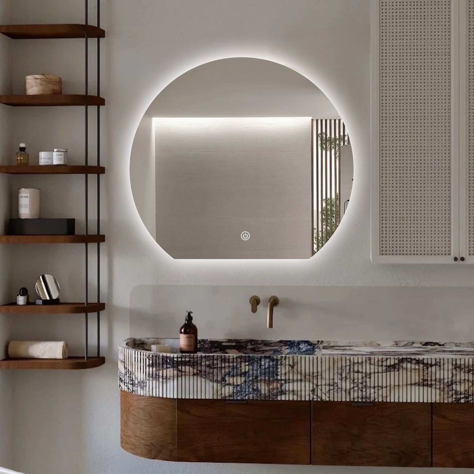 Miroir LED Design coupé 63x70 cm : Miroir de salle de bain LED rond moderne, 63x70 cm, avec bord éclairé