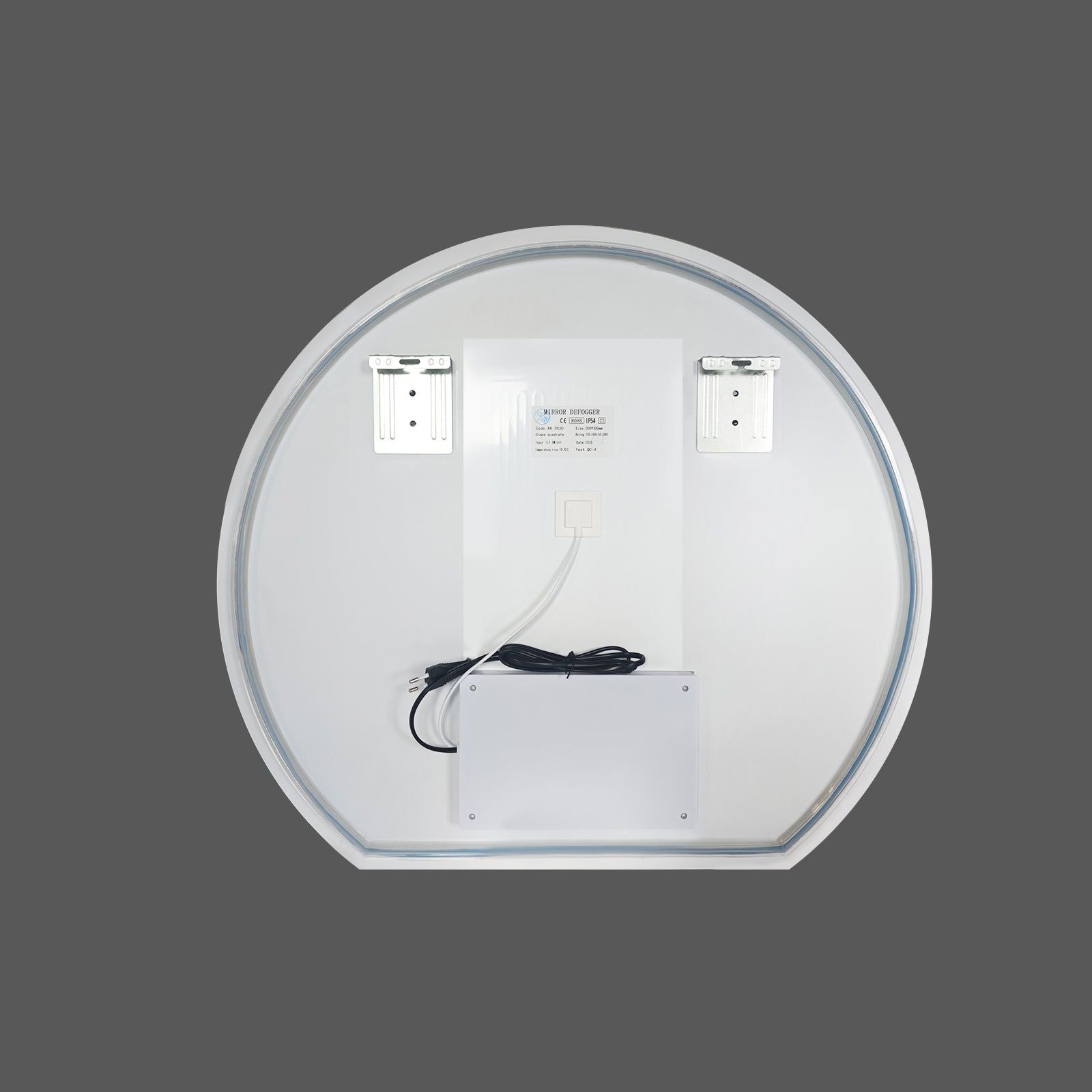 Miroir LED Design coupé 63x70 cm : Miroir de salle de bain LED rond, vue arrière montrant les supports de fixation et le câblage.