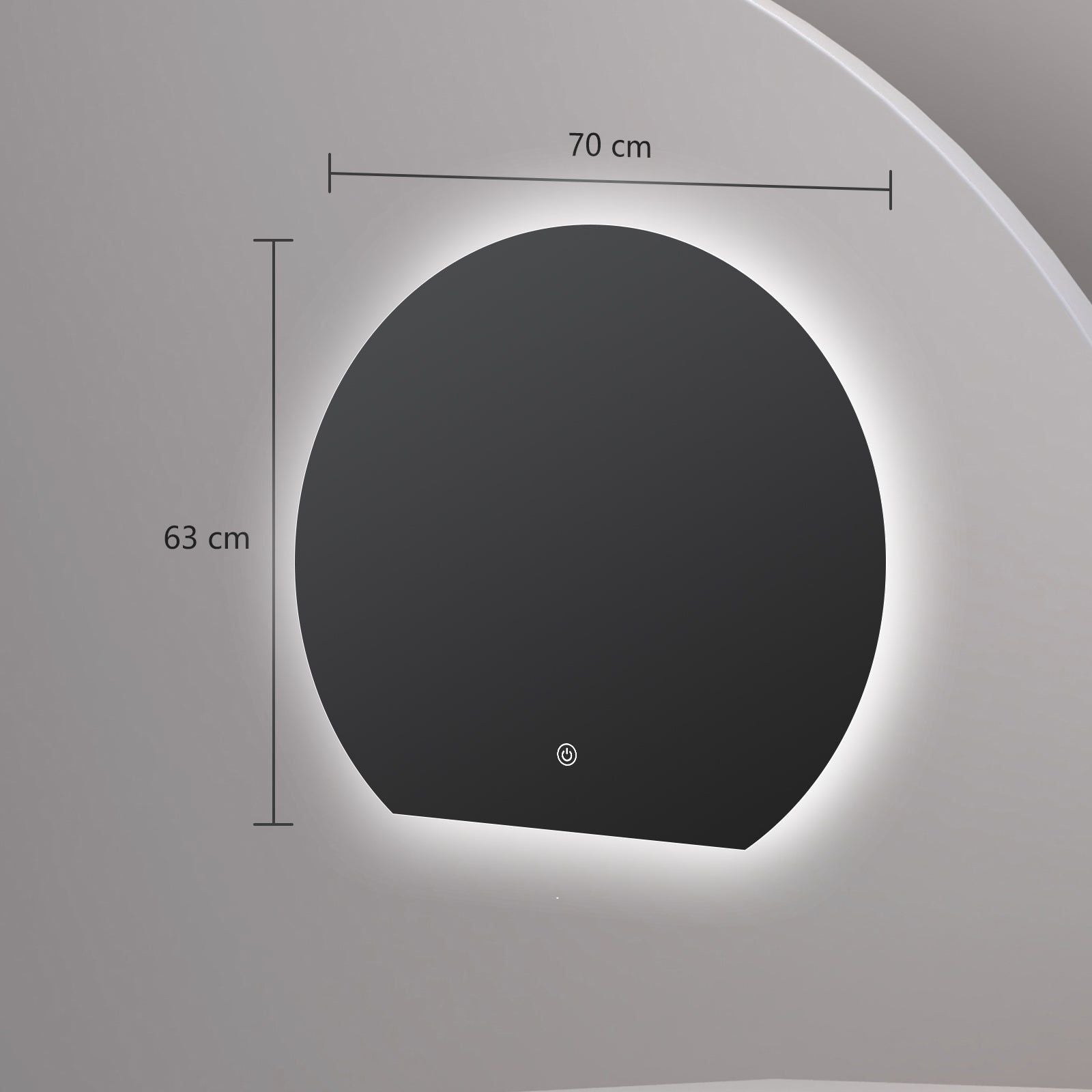 Miroir LED Design coupé 63x70 cm : Miroir de salle de bain LED rond moderne, 63cm x 70cm, avec bord éclairé.