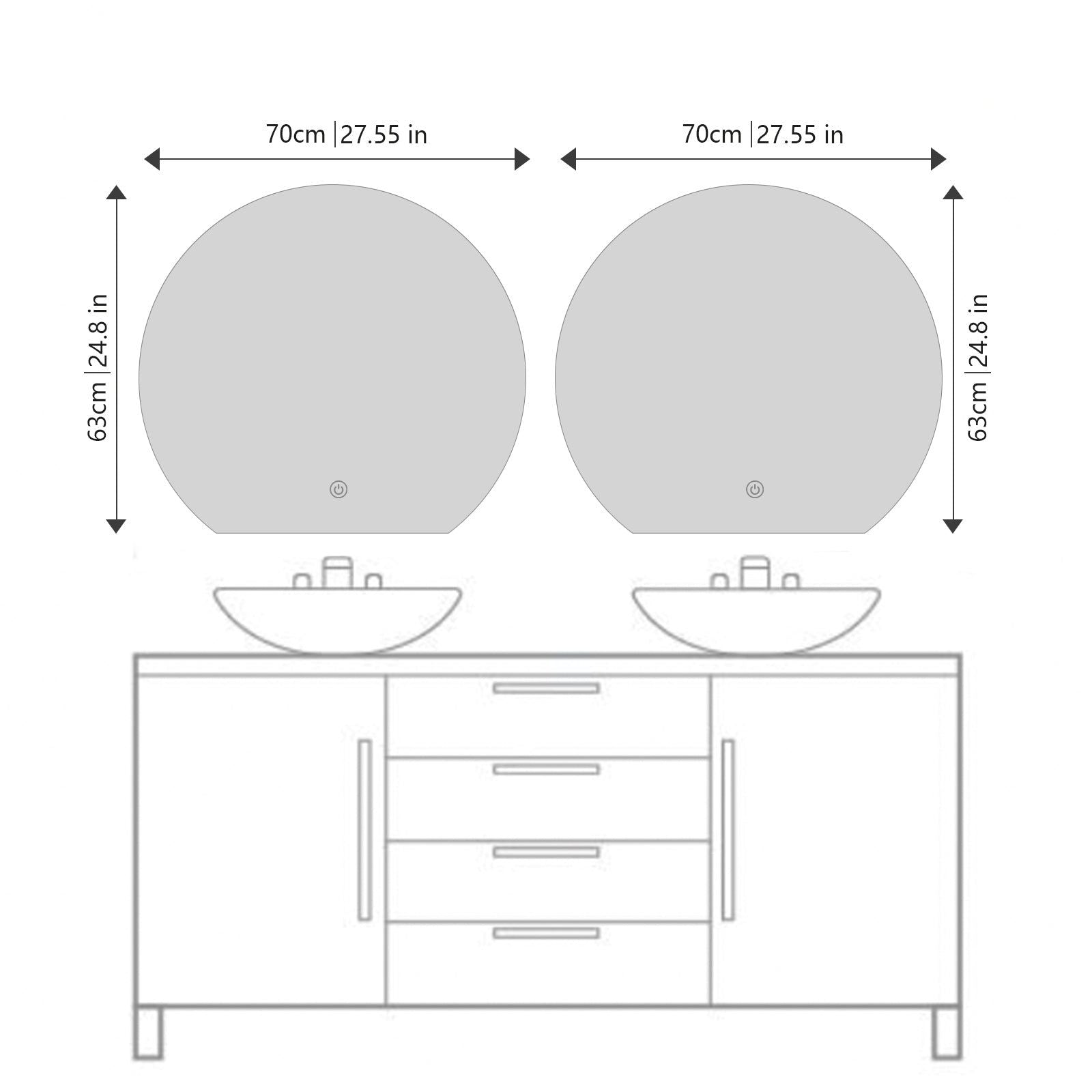 Miroir LED Design coupé : Paire de miroirs de salle de bain LED ronds 63x70cm au dessus d'une double vasque.