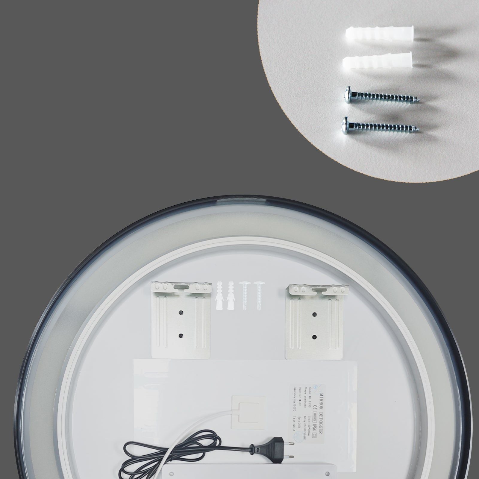 Miroir rond LED Ø60 cm avec cadre alu noir : Miroir de salle de bain LED rond de 60 cm avec un cadre en aluminium noir, montrant le matériel de montage et le cordon d'alimentation.