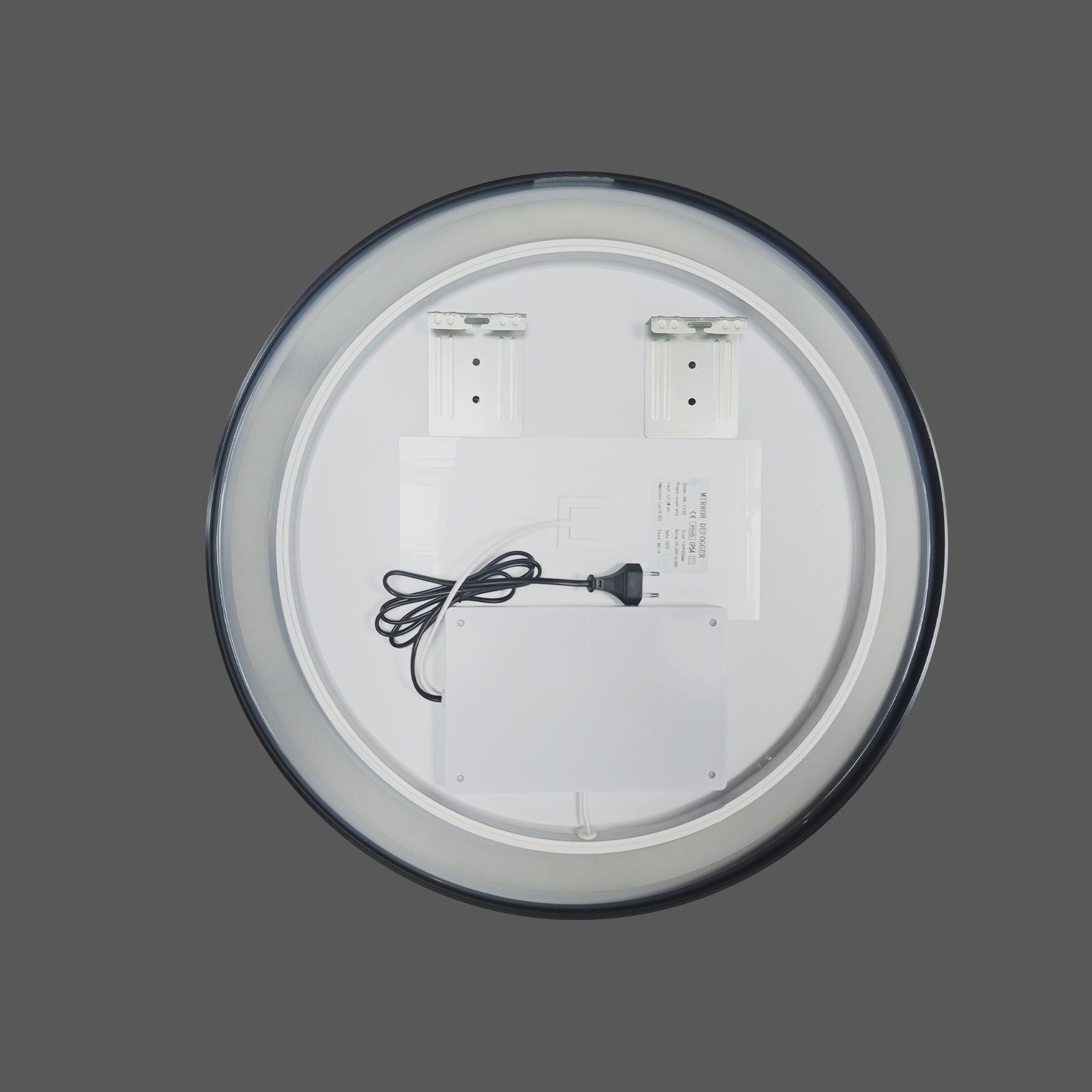 Miroir rond LED Ø60 cm avec cadre alu noir : Vue arrière d'un miroir de salle de bain LED rond de 60 cm avec un cadre en aluminium noir, montrant les supports de montage et les composants électriques.