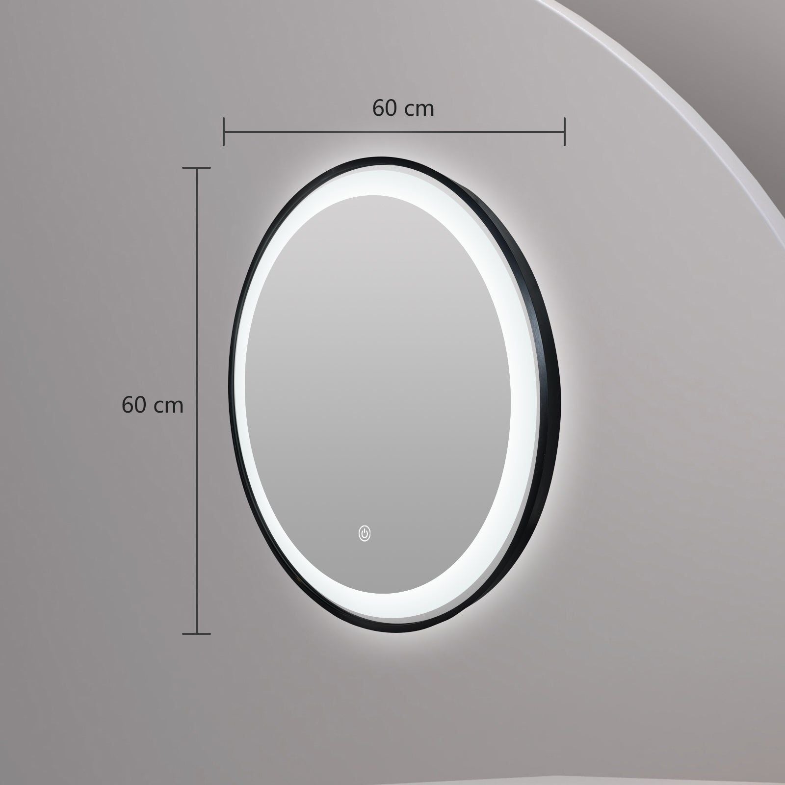 Miroir rond LED Ø60 cm avec cadre alu noir : Miroir de salle de bain rond éclairé par LED de 60 cm de diamètre avec un cadre en aluminium noir.