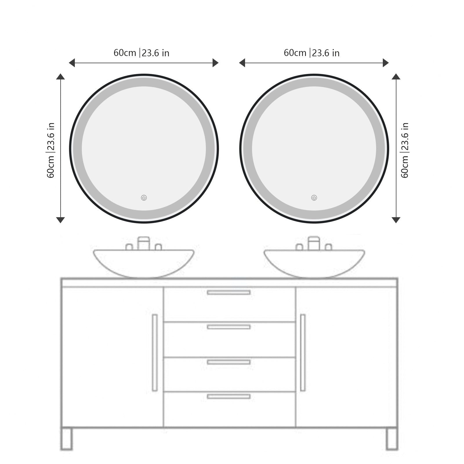 Miroir rond LED Ø60 cm avec cadre alu noir : Paire de miroirs de salle de bain ronds éclairés par LED de 60 cm avec cadres en aluminium noir, au dessus d'une double vasque.