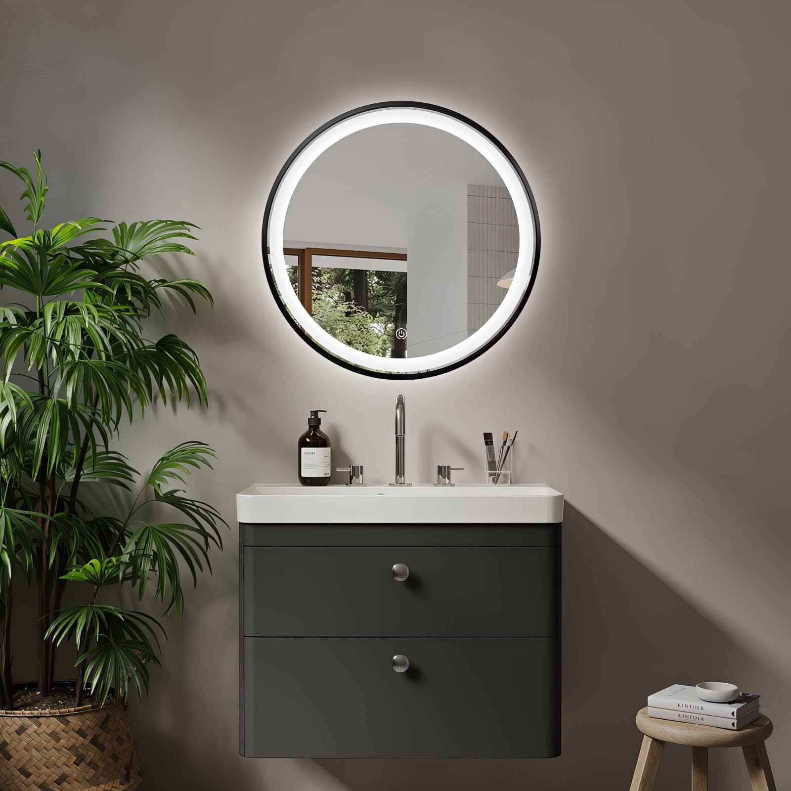 Miroir rond LED Ø60 cm avec cadre alu noir: Illuminated round bathroom mirror, 60cm diameter, black aluminum frame.