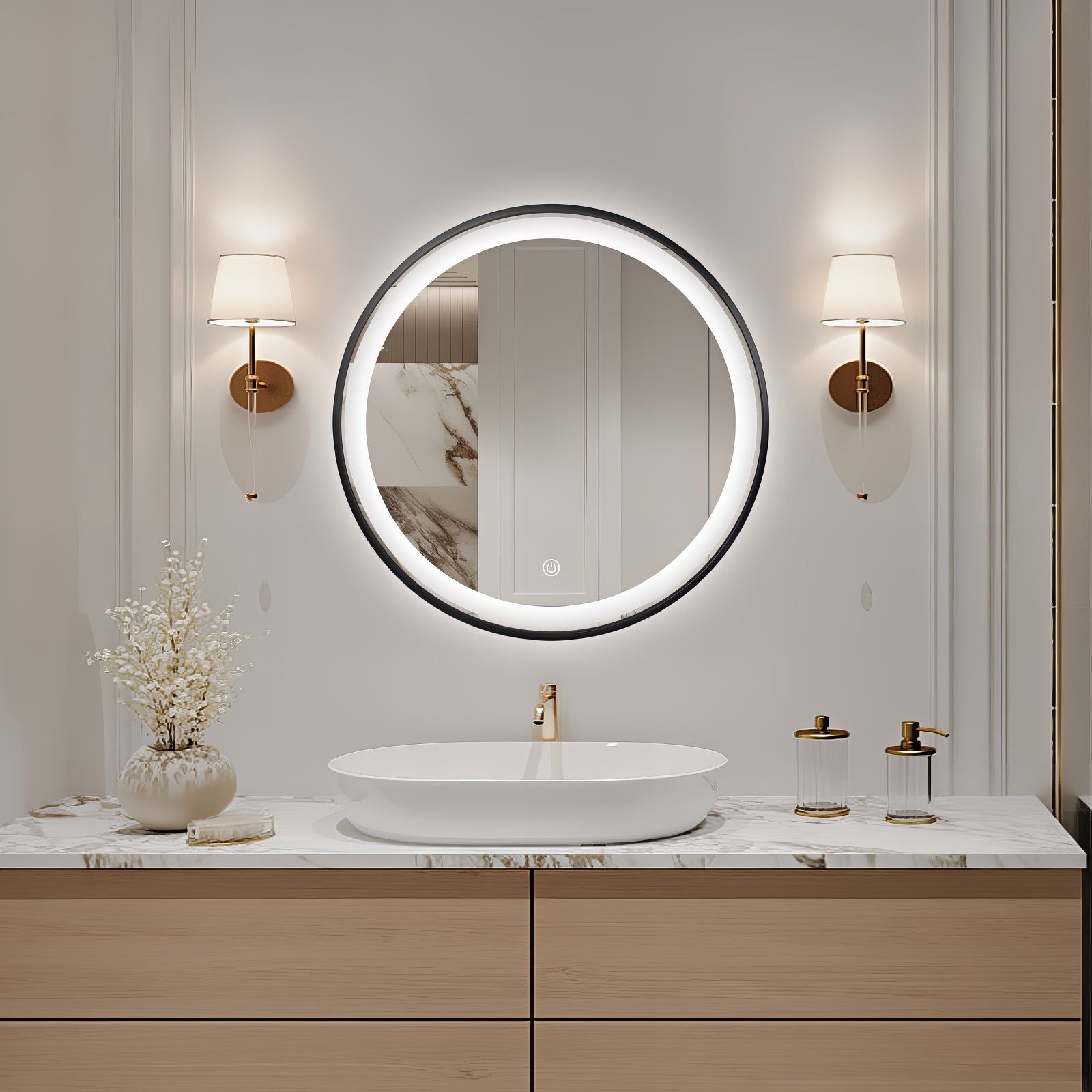 Miroir rond LED Ø60 cm avec cadre alu noir: Modern illuminated round bathroom mirror, 60cm diameter, black aluminum frame.