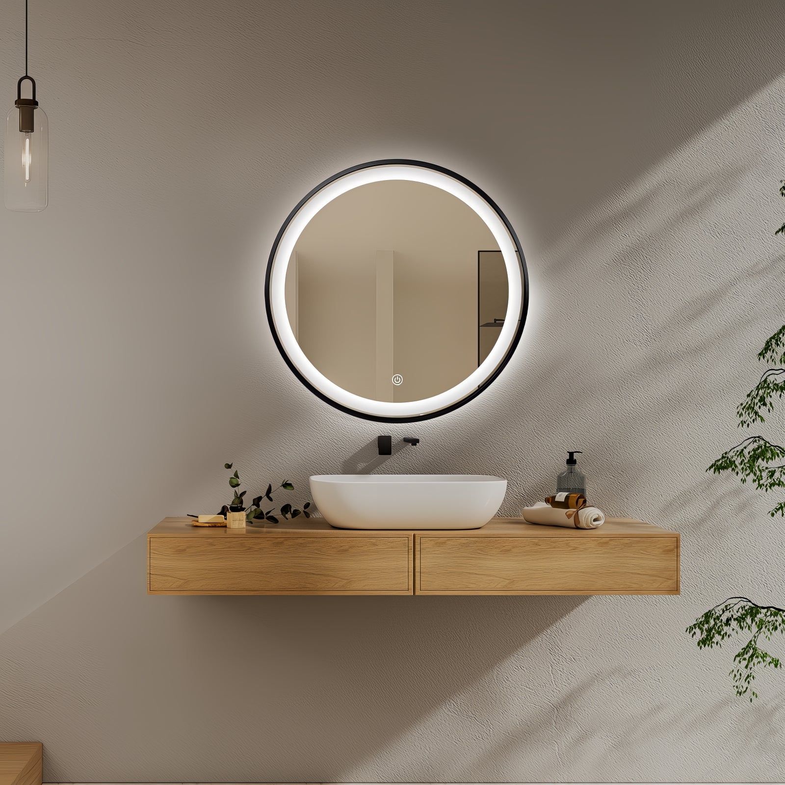 Miroir rond LED Ø60 cm avec cadre alu noir : miroir de salle de bain rond de 60 cm avec cadre en aluminium noir et éclairage LED. Idéal pour les coiffeuses.
