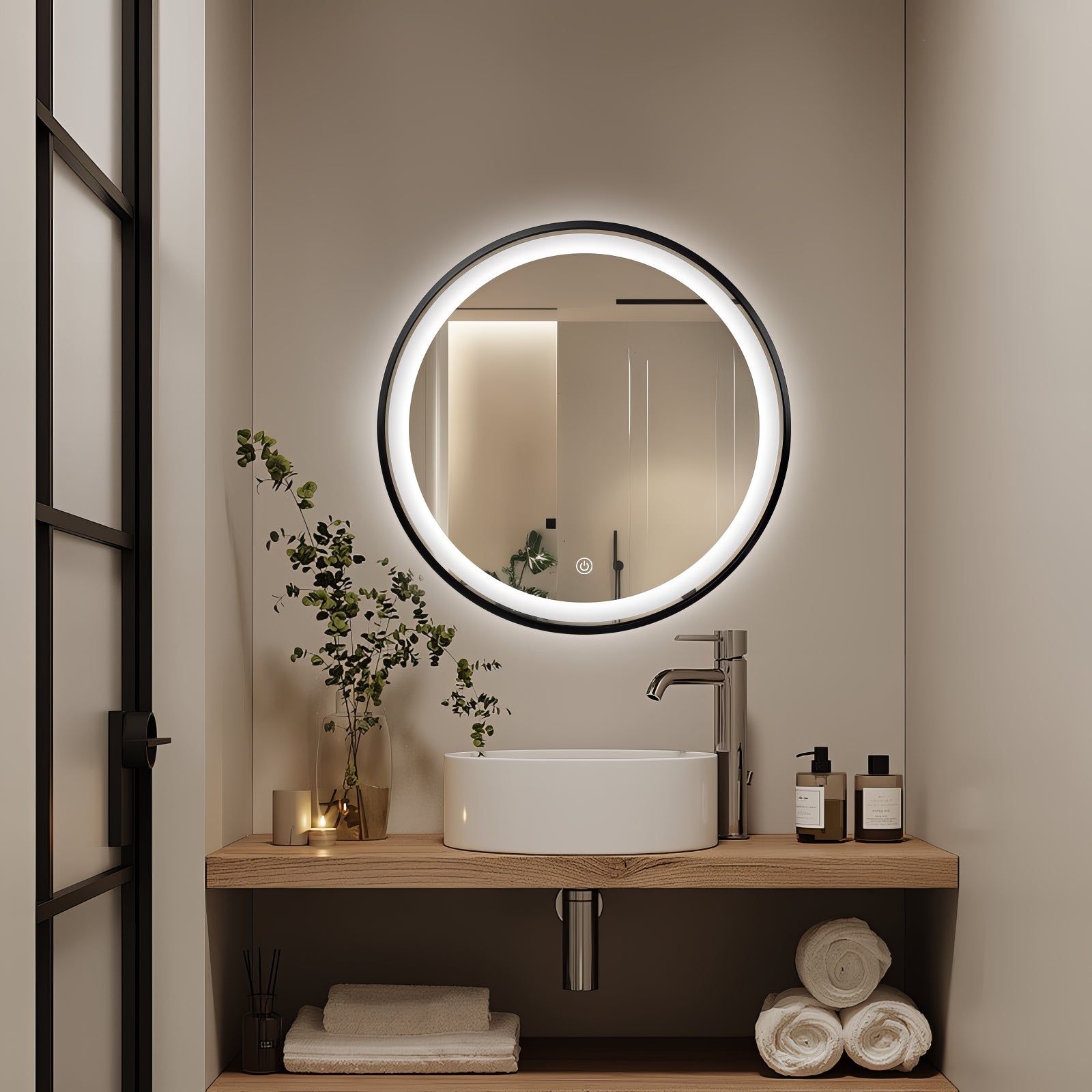 Miroir rond LED Ø60 cm avec cadre alu noir : Miroir de salle de bain rond LED moderne avec cadre en aluminium noir. Éclairage pour un éclairage optimal de la salle de bain.