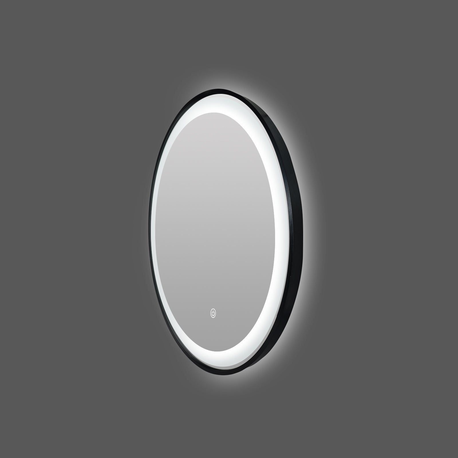Miroir rond LED Ø70 cm : Miroir de salle de bain rond LED de 70 cm de diamètre avec un cadre en aluminium noir. Miroir lumineux.