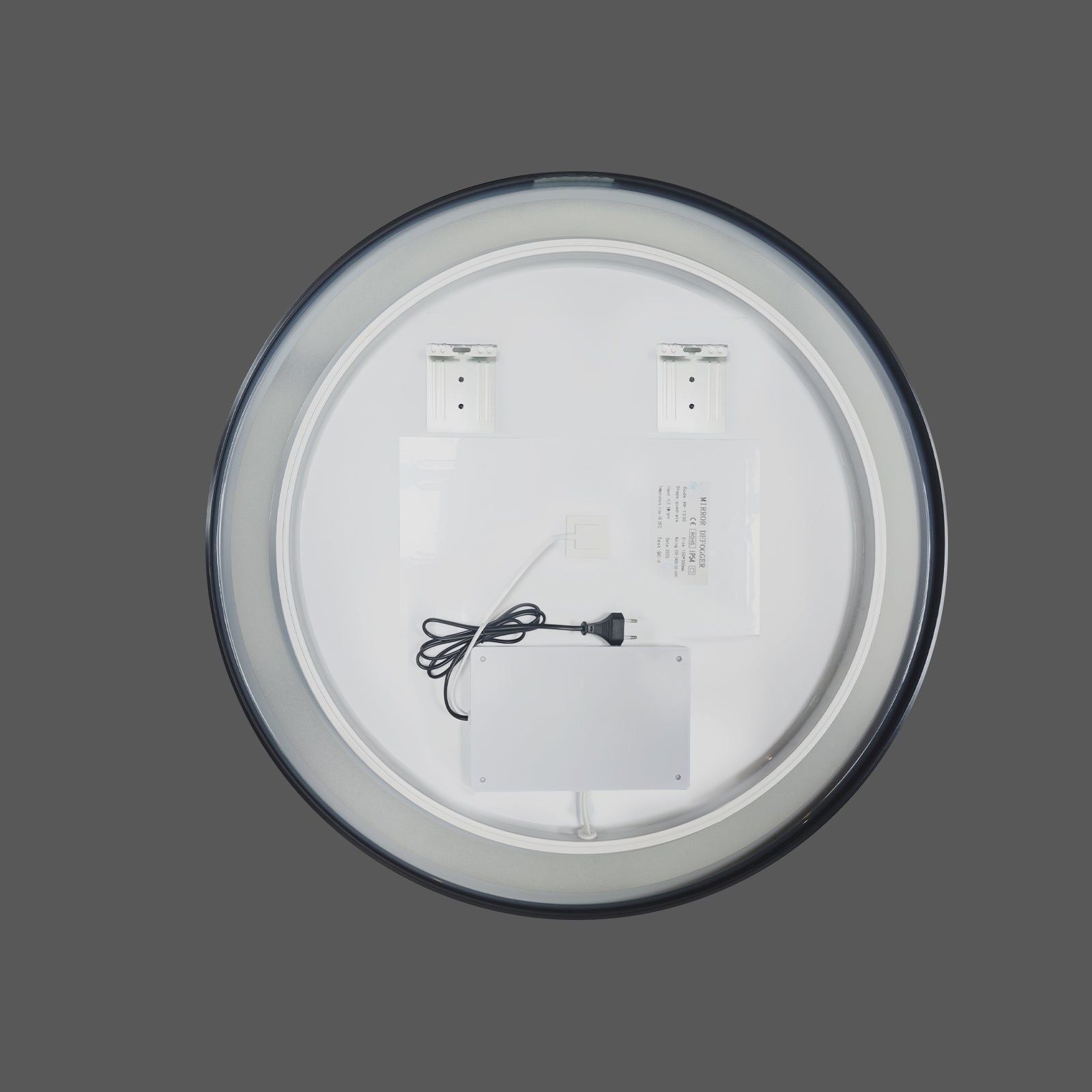Miroir rond LED Ø70 cm : Vue arrière d'un miroir de salle de bain rond LED de 70 cm avec cadre en aluminium noir. Présentation des composants électriques et du montage.