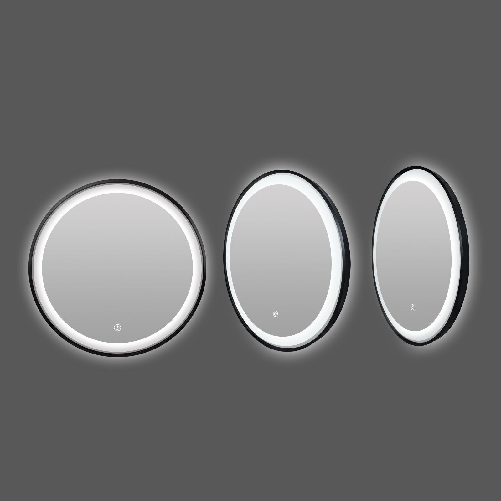 Miroir rond LED Ø70 cm : Ensemble de trois miroirs ronds éclairés à LED avec cadre en aluminium noir. Idéal pour meuble-lavabo.