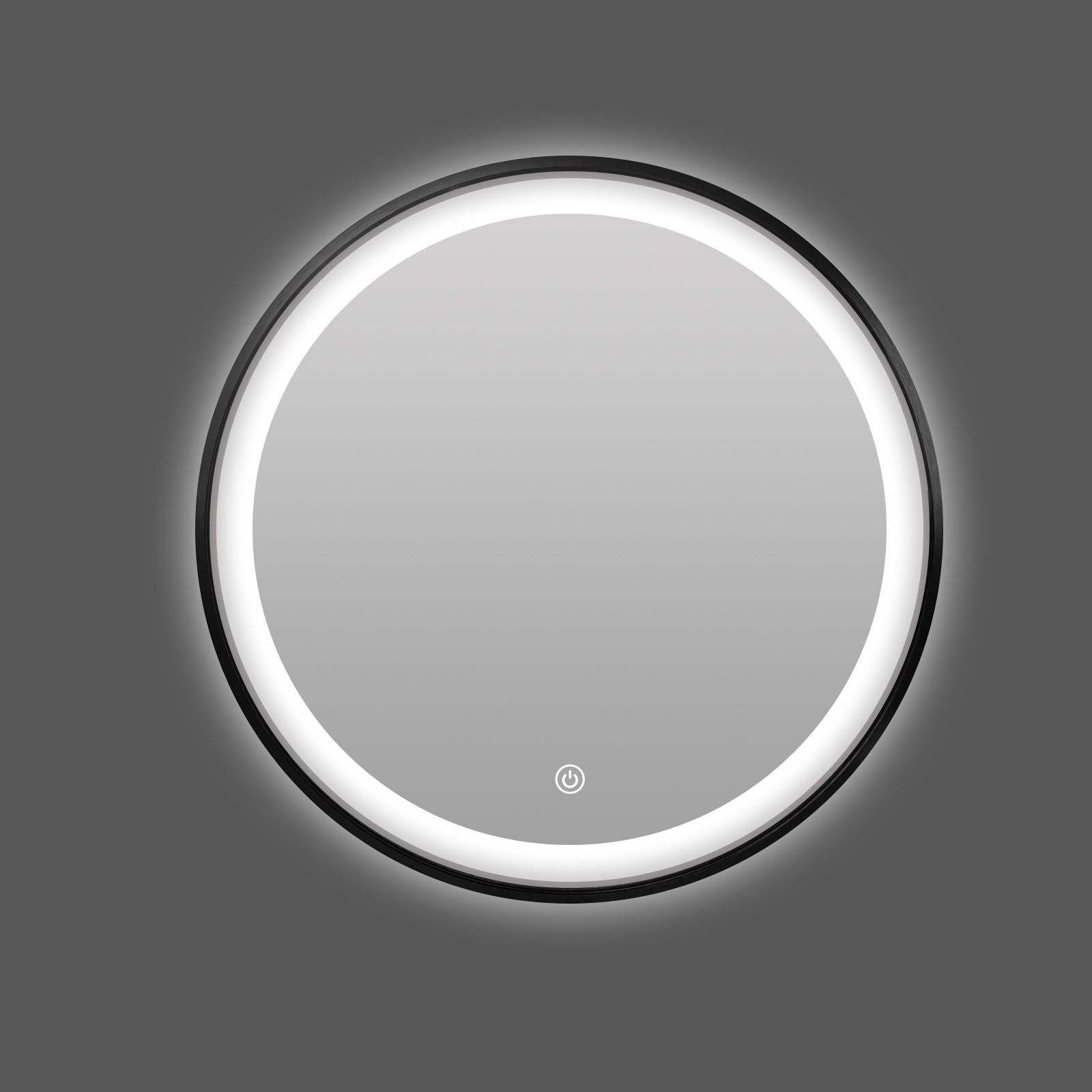 Miroir rond LED Ø70 cm : Miroir de salle de bain rond LED de 70 cm de diamètre avec un cadre élégant en aluminium noir. Miroir lumineux pour salles de bain modernes.