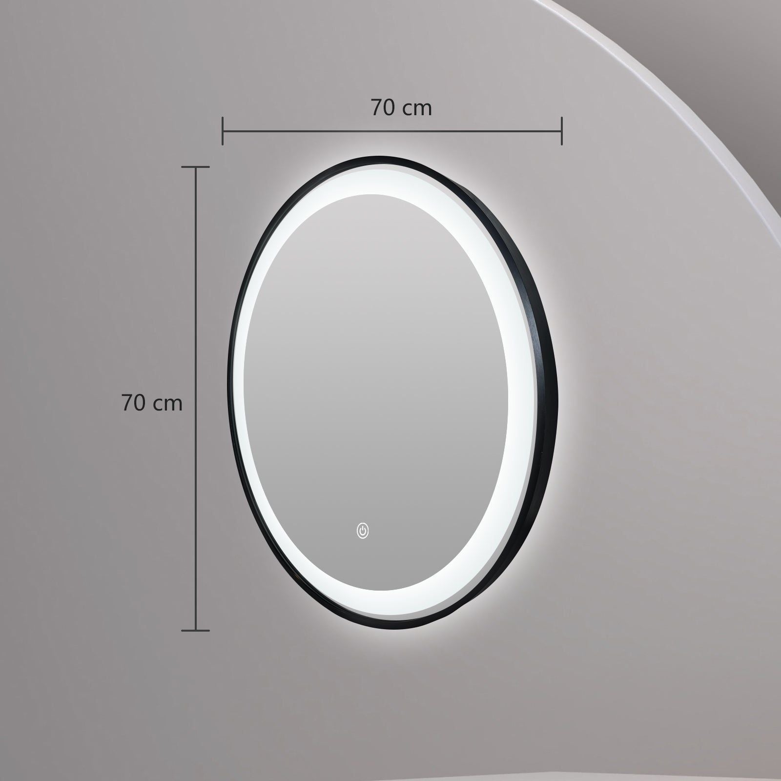 Miroir rond LED Ø70 cm : Miroir LED rond de 70cm de diamètre avec un cadre en aluminium noir.