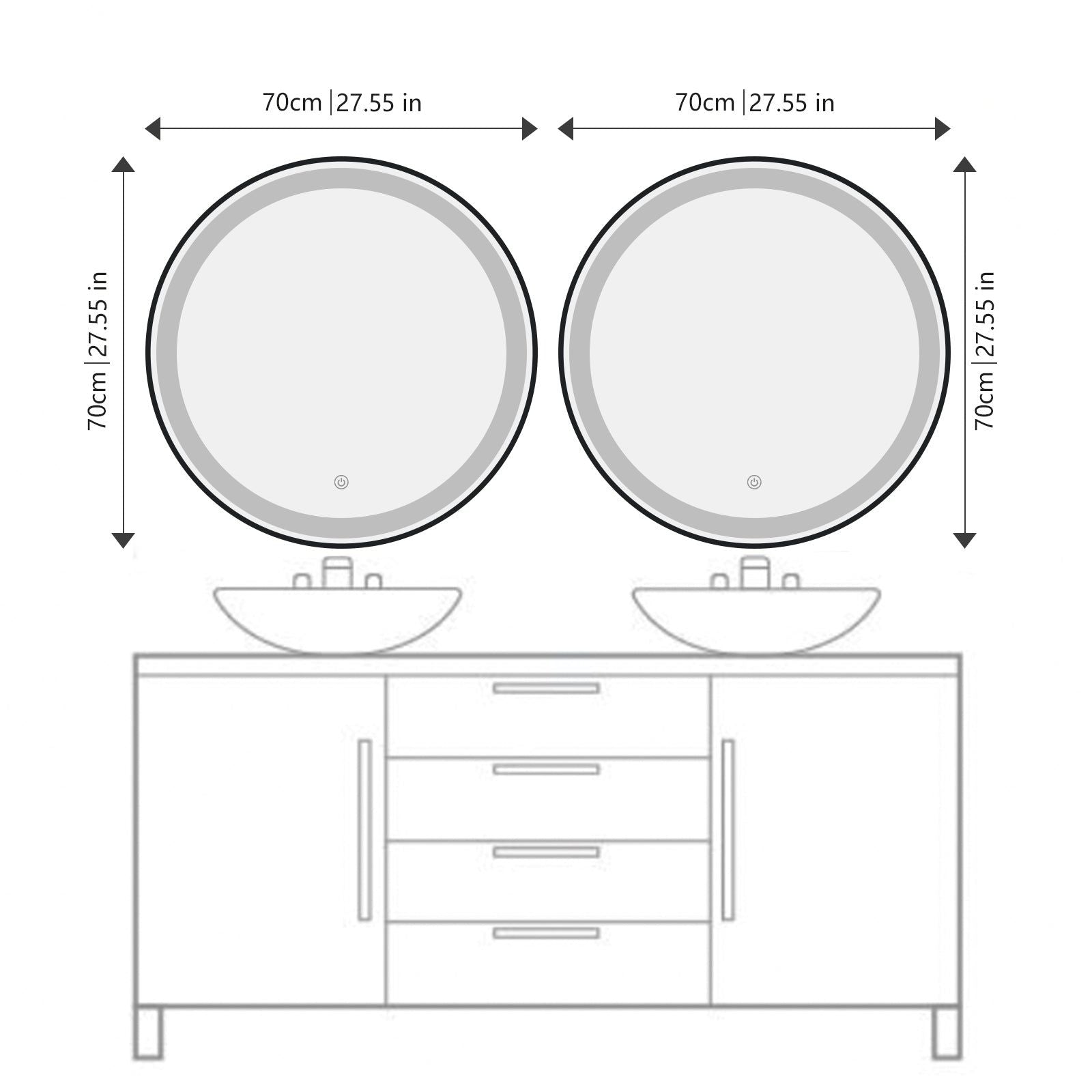 Miroir rond LED Ø70 cm : Miroir de salle de bain double rond LED (diamètre 70cm) avec cadre en aluminium noir, monté au dessus d'un meuble double vasque avec tiroirs.