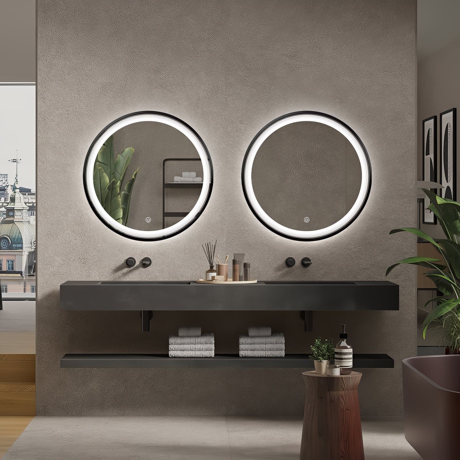 Miroir rond LED Ø70 cm : Paire de miroirs de salle de bain ronds éclairés à LED avec un cadre en aluminium noir élégant.