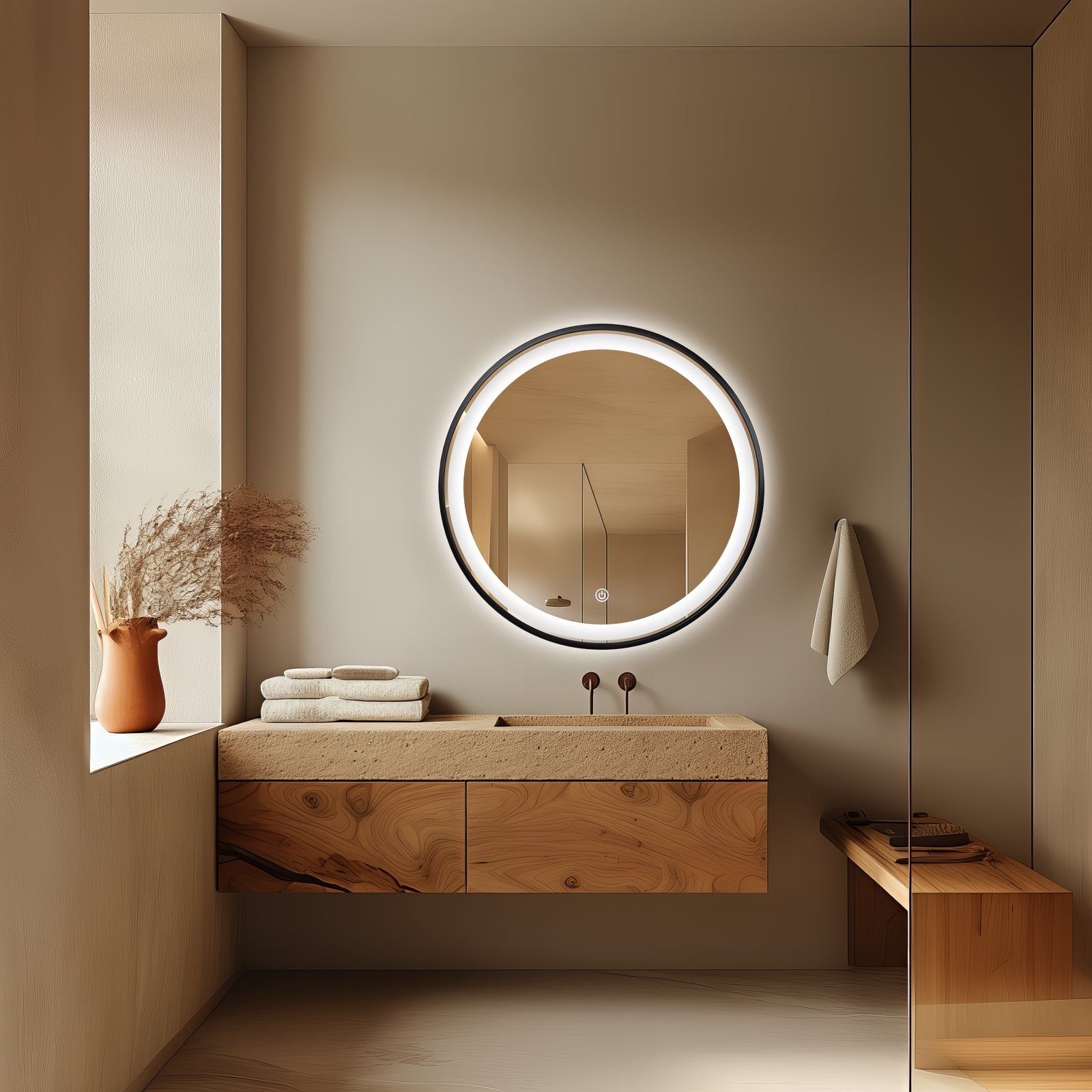 Miroir rond LED Ø70 cm : Miroir de salle de bain rond de 70 cm de diamètre avec un cadre en aluminium noir et un éclairage LED.