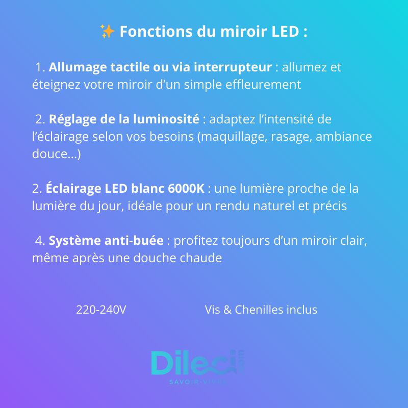 Miroir rond LED Ø70 cm: Élégant miroir rond LED 70cm avec cadre aluminium noir, éclairage 6000K, anti-buée, luminosité réglable.