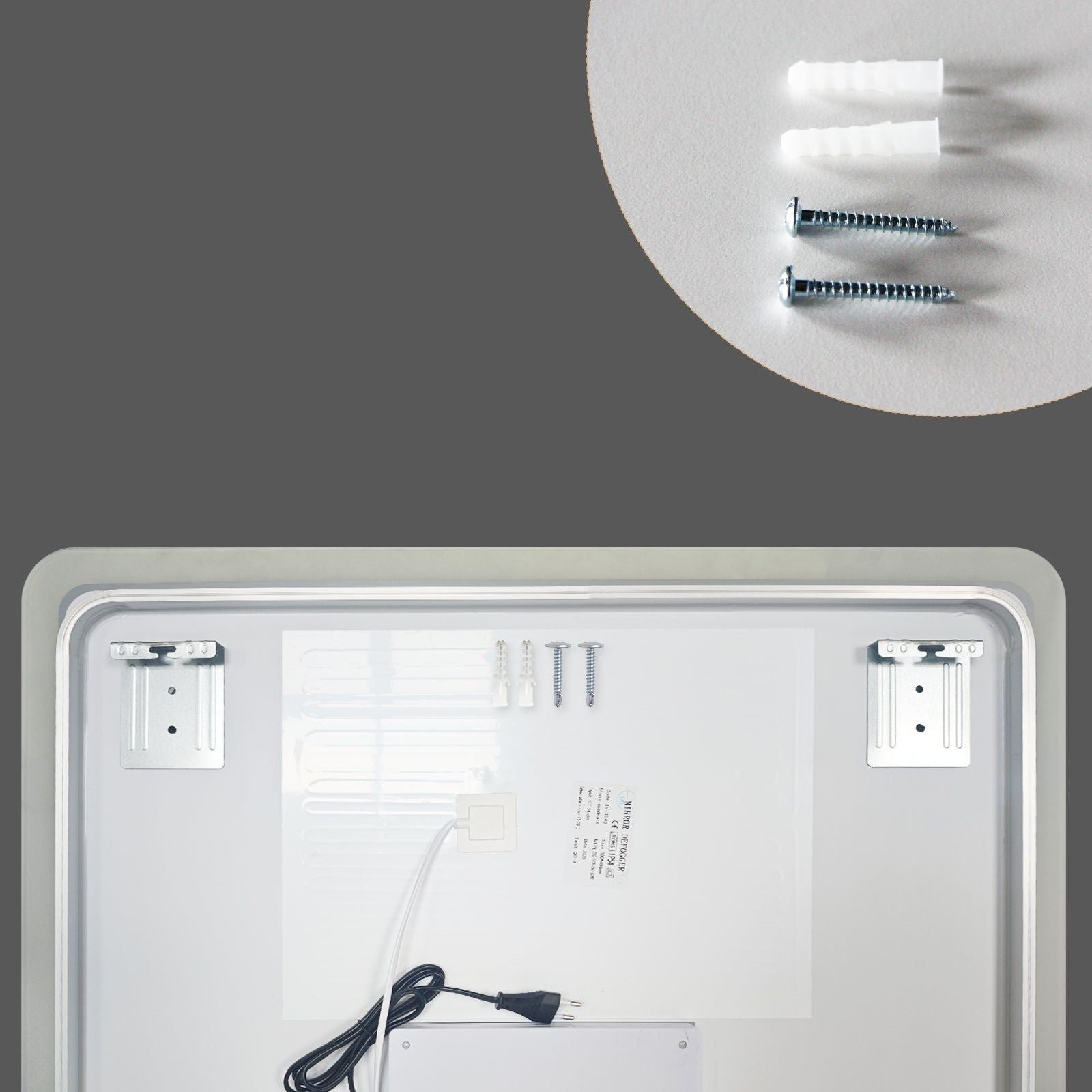 Miroir rectangulaire LED 80 x 60 cm avec cadre dépoli ; vue arrière montrant les supports de fixation et le câblage. Idéal pour la salle de bain ou le meuble-lavabo.