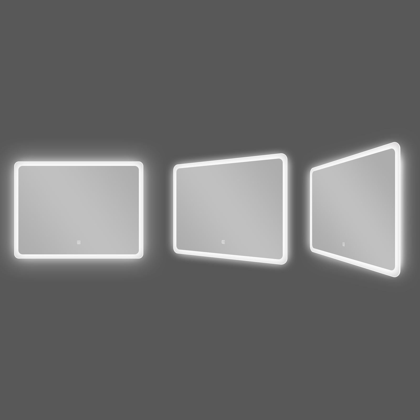 Miroir LED rectangulaire 80x60 cm : Miroir de salle de bain LED rectangulaire avec cadre dépoli, présenté en trois vues.