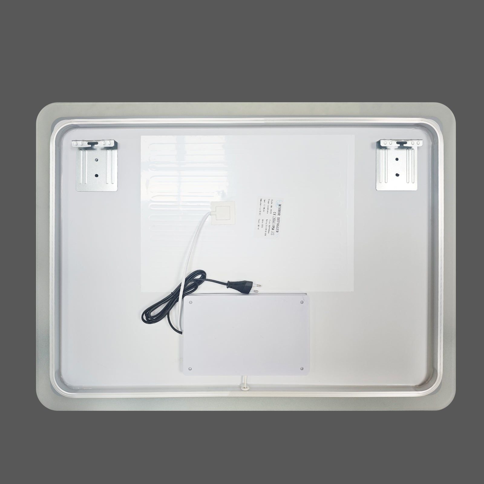 Miroir LED rectangulaire 80x60 cm : Vue arrière du miroir LED rectangulaire éclairé (80x60cm) avec cadre dépoli, montrant les supports de montage et l'alimentation.