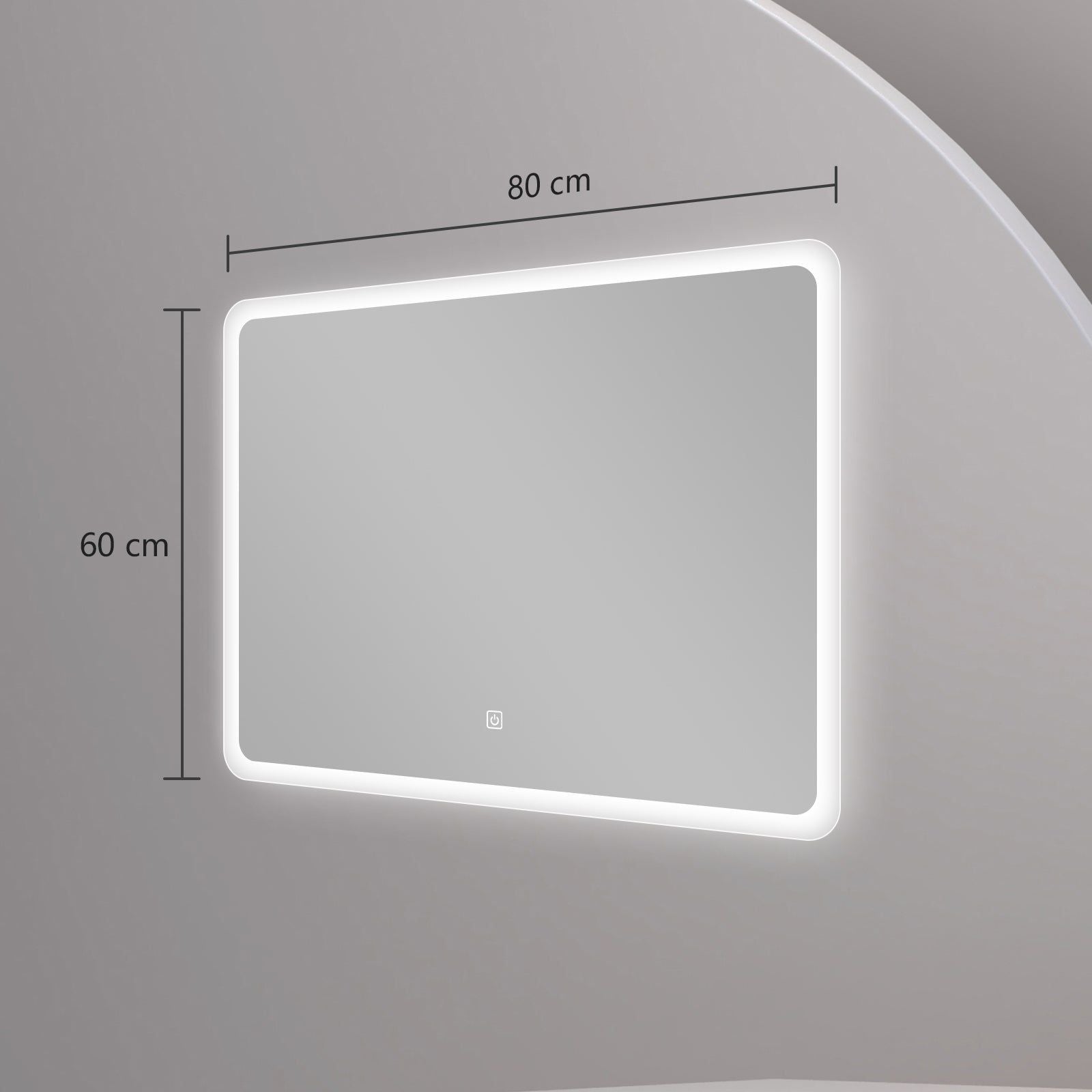Miroir LED rectangulaire 80x60 cm : Miroir de salle de bain rectangulaire éclairé, 80x60 cm, avec bords dépolis.
