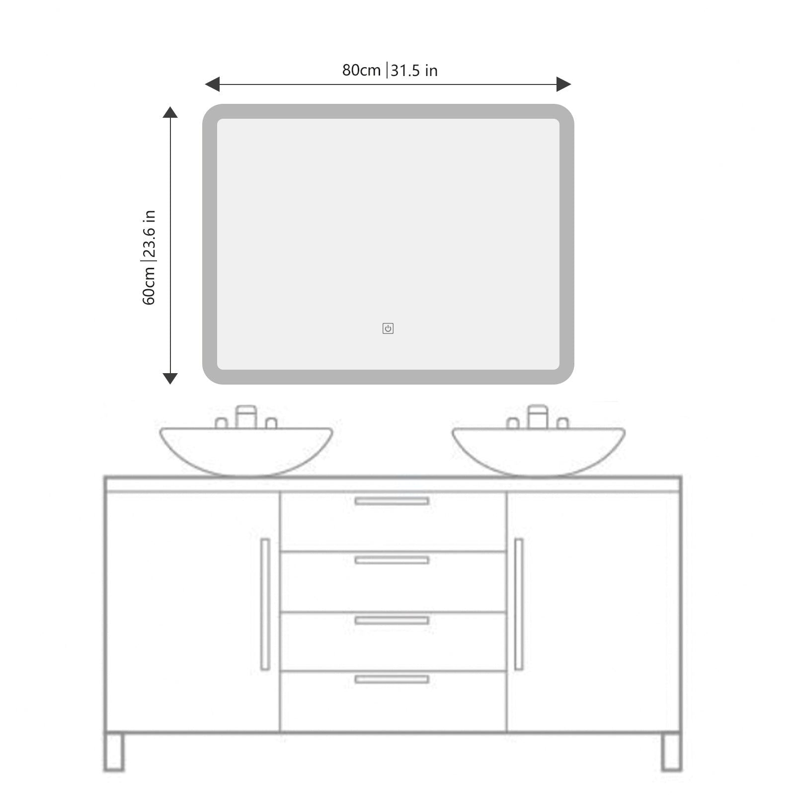 Miroir LED rectangulaire 80x60 cm : Miroir de salle de bain LED 80x60cm avec bords dépolis, au dessus d'un meuble double vasque.